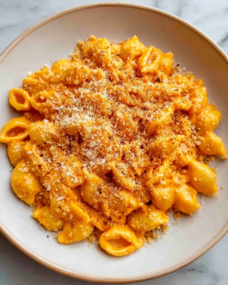 A close-up image of a white plate filled with a creamy orange pasta dish. The pasta pieces are short and shell-shaped, covered evenly in a thick, smooth, bright orange sauce. On top, there is a sprinkling of fine, light brown crumbs and a dusting of light yellow grated cheese. The plate is placed on a white marbled surface. photo taken with an iphone --ar 4:5 --v 7