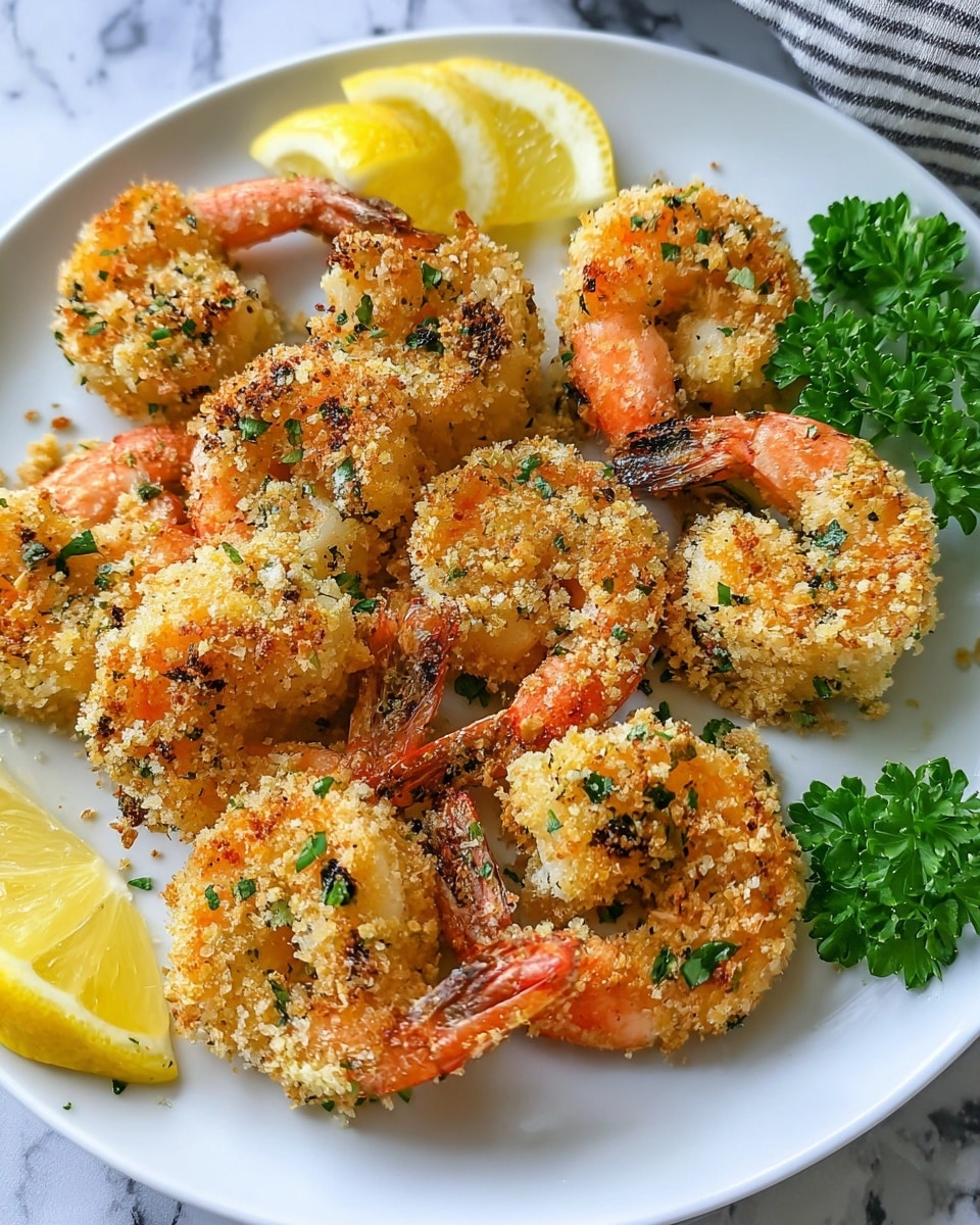 A white plate holds about ten pieces of cooked shrimp that have a light golden brown crumb coating with small green herb pieces sprinkled all over. The shrimp are curled, showing off their orange-pink shells and white meat underneath the crumb layer. Around the shrimp, there are three lemon wedges with a bright yellow color and shiny texture. A small bunch of fresh green parsley rests near the lemon wedges. The plate sits on a white marbled surface. photo taken with an iphone --ar 4:5 --v 7