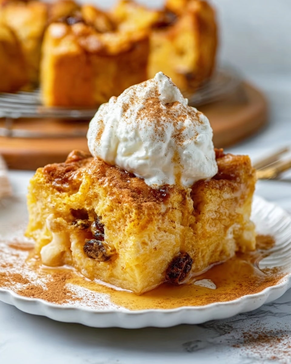 A single slice of golden yellow bread pudding with visible dark raisins mixed inside sits on a white plate with a scalloped edge. The bread pudding slice has a slightly crispy, browned top layer and a soft, moist texture underneath. On top of the slice, there is a dollop of white whipped cream dusted lightly with cinnamon. The plate also has a light sprinkle of cinnamon powder around the bread pudding. The background shows a wooden surface with a larger, out-of-focus bread pudding on a cooling rack. The entire scene is set against a white marbled texture. photo taken with an iphone --ar 4:5 --v 7