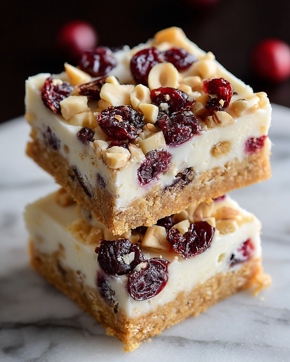 The image shows two square dessert bars stacked on top of each other on a piece of parchment paper on a white marbled surface. Each bar has three layers: a bottom crumbly light brown crust, a thick middle creamy white layer mixed with small pieces of red berries, and a top creamy white layer decorated with scattered dried red cranberries and small chunks of pale nuts. The texture of the crust looks soft but firm, while the top looks smooth and glossy with vibrant red pieces adding color contrast. Photo taken with an iphone --ar 4:5 --v 7