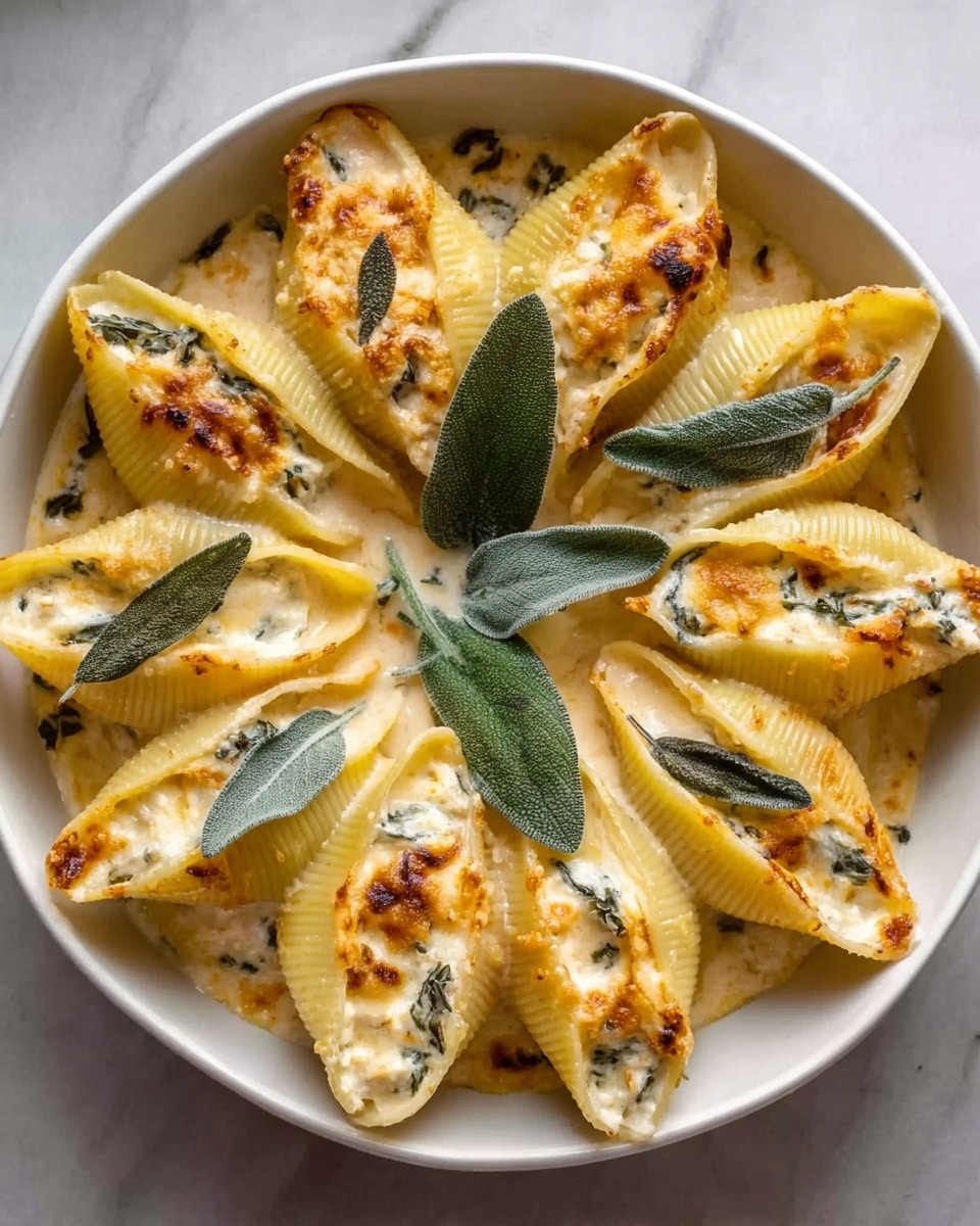 A white bowl filled with creamy pasta shells arranged in a circular pattern, each shell stuffed and topped with melted golden cheese and small pieces of sage leaves. The creamy sauce coats the shells lightly, giving a smooth texture with slight browning on the cheese. The background is a white marbled surface and some green leaves are scattered around the bowl. photo taken with an iphone --ar 4:5 --v 7
