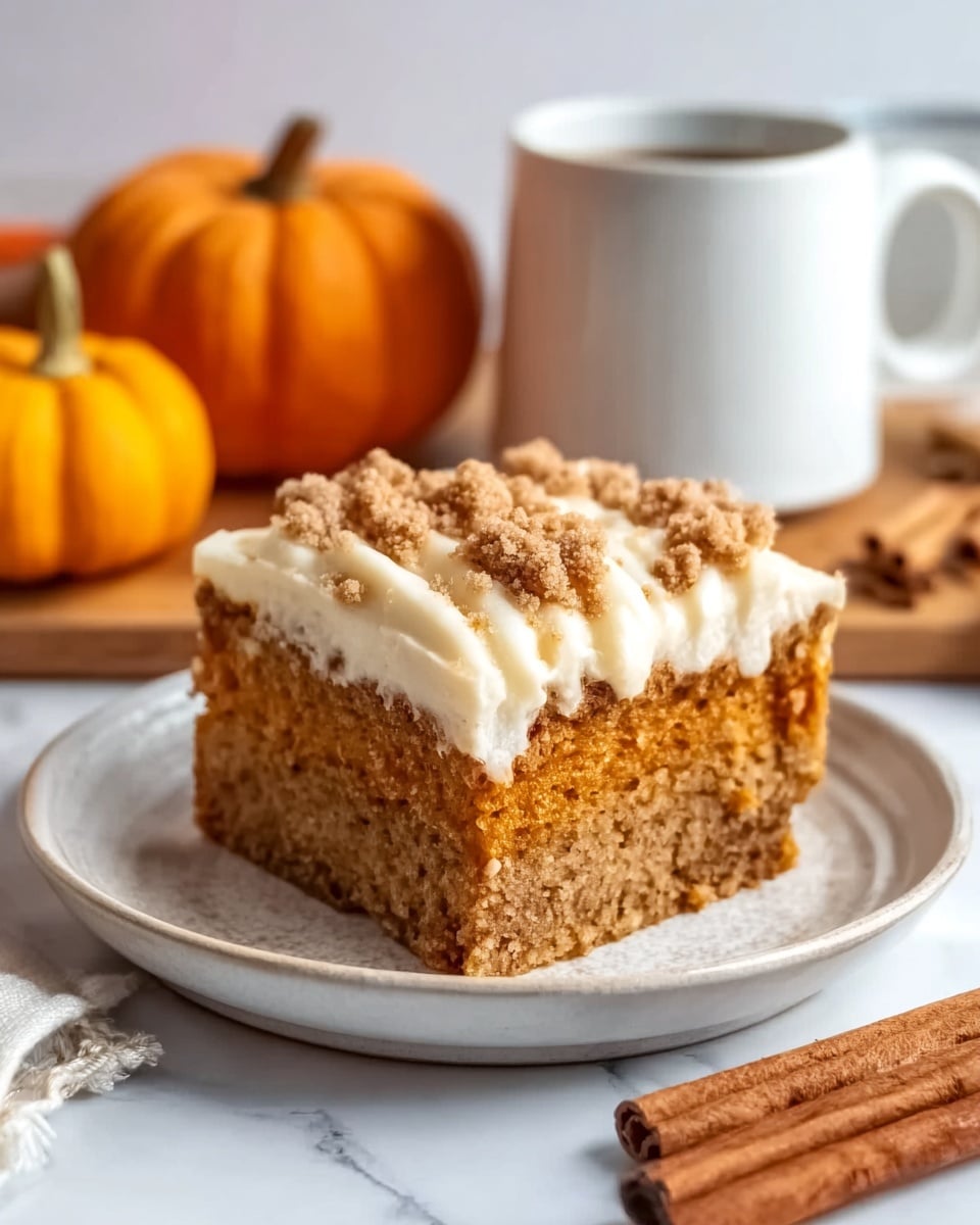 The image shows a single square slice of pumpkin cake on a white plate with a thin orange rim. The cake has three layers: a bottom layer of dense, moist pumpkin cake in a warm orange color; a thick middle layer of creamy, white frosting; and a top layer of crunchy brown crumbs sprinkled over the frosting. Behind the plate, there are two small orange pumpkins, a white cup, and cinnamon sticks arranged on a white marbled surface. A woman's hand is gently holding the edge of the plate. The lighting is soft and warm, giving the scene a cozy feeling. Photo taken with an iphone --ar 4:5 --v 7