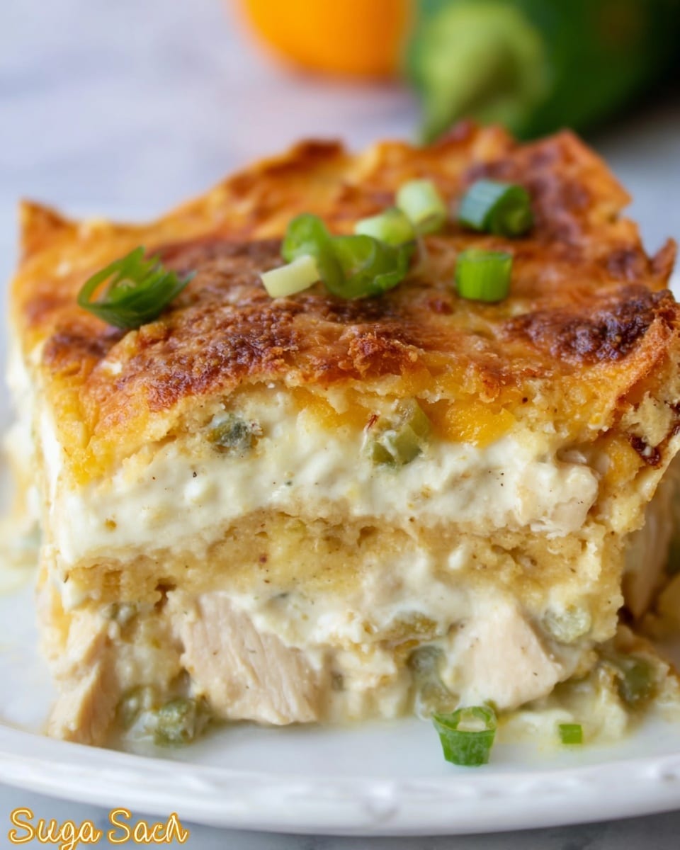 A close-up view of a slice of layered casserole on a white plate, showing a golden-brown, crispy top crust with a slightly rough texture. Beneath the crust is a creamy layer with a light cheesy sauce in beige color mixed with small green bits of vegetables. A thick white chunk of cooked chicken is visible near the base, surrounded by a moist, soft mashed potato layer with green onion pieces mixed inside. The casserole is garnished with chopped green onions on top. The dish is placed on a white marbled surface. photo taken with an iphone --ar 4:5 --v 7