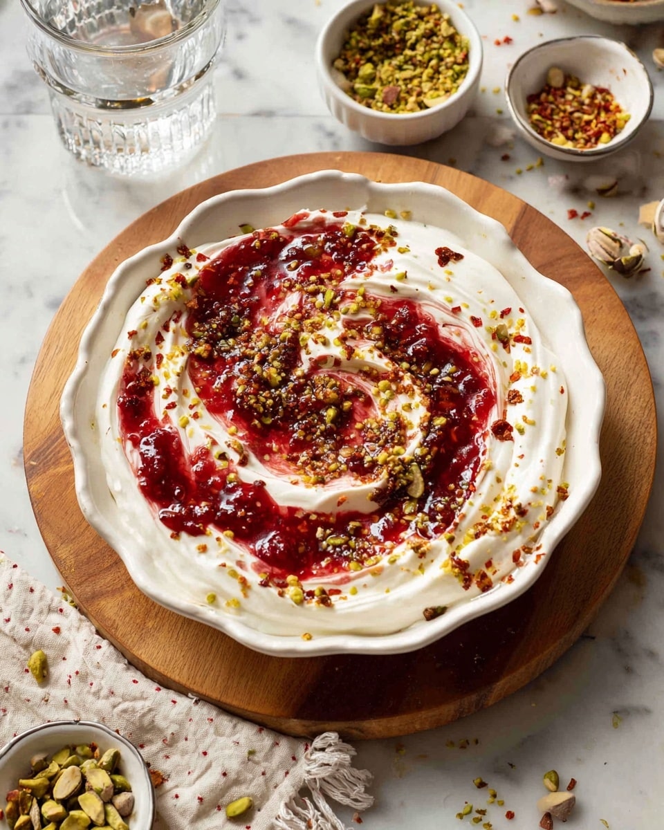 A white scalloped bowl holds a creamy white yogurt base spread in soft swirls, topped with a thick, deep red cranberry sauce arranged in a spiral pattern over the yogurt. The dish is sprinkled with crushed green pistachios and small red chili flakes scattered evenly over the top, adding texture and color contrast. Around the bowl, there is a wooden board with a beige cloth, three whole fresh cranberries, a small white scalloped dish of finely chopped pistachios, and a white scalloped bowl with some more cranberry sauce and a spoon. The setting rests on a white marbled surface. photo taken with an iphone --ar 4:5 --v 7