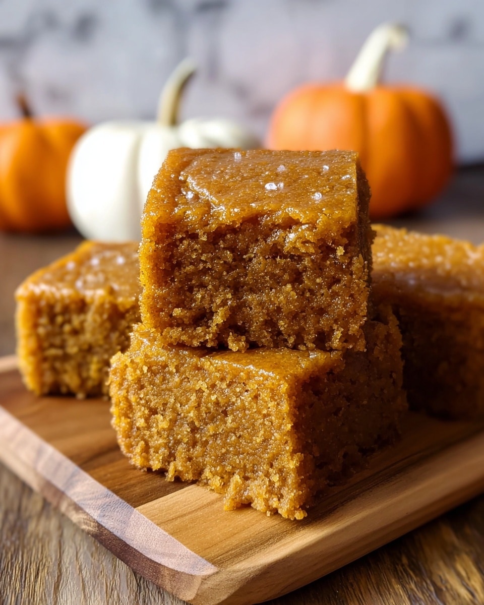 The image shows three thick square pieces of moist, golden-brown cake stacked on a light wooden board. Each piece has a soft and crumbly texture with a slightly shiny top layer that looks smooth and moist. The cake has a uniform light brown color with tiny air holes visible inside the crumb, indicating a tender and fluffy inside. In the background, there are two small pumpkins, one white and one orange, placed on a white marbled surface, adding a cozy, autumn feel. Photo taken with an iphone --ar 4:5 --v 7