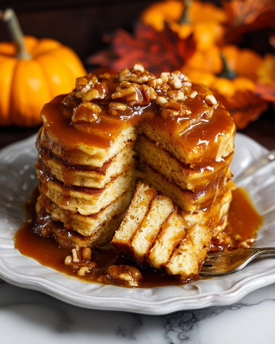 A stack of six thick, golden brown pancakes sits on a white plate with a silver edge, placed on a white marbled texture. The pancakes have a soft, fluffy texture and are covered with a shiny, sticky caramel sauce generously dripping down the sides and pooling on the plate. Chopped nuts are sprinkled on top, adding a rough texture and a touch of crunch. A piece of the stack is cut and held by a fork on the right side, showing the fluffy inside and the sauce coating the cut edges. In the blurred background, small orange pumpkins and dried fall leaves add a warm, autumn feel. Photo taken with an iphone --ar 4:5 --v 7