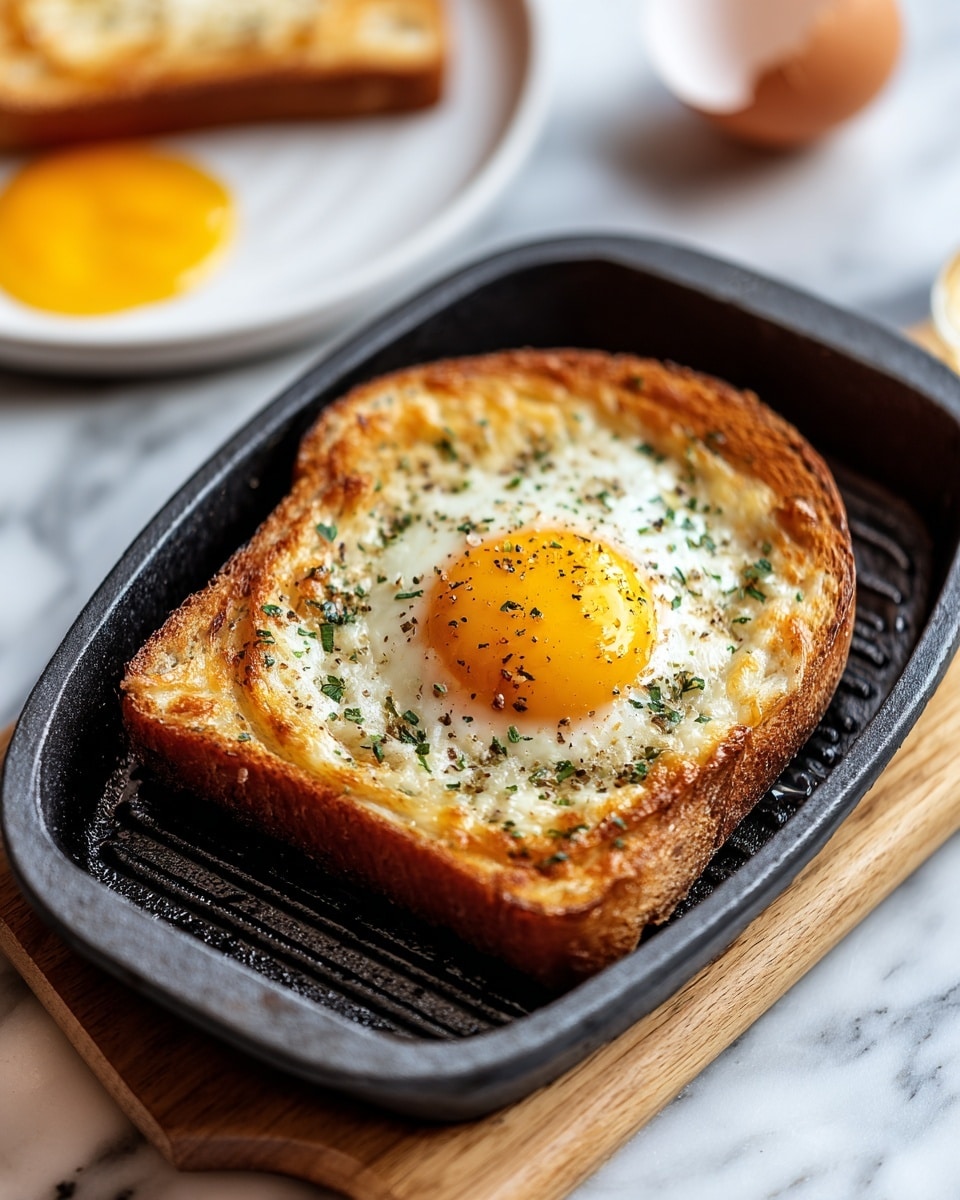 A single slice of toasted bread with a golden brown, crispy crust forms the base layer, holding a cooked egg in its center. The egg has a bright yellow yolk that is slightly shiny and surrounded by firm, white egg whites. The edges of the toast and egg show some melted cheese that is bubbly and light golden, adding a textured layer around the egg. Small green herb flakes and black pepper are sprinkled on top, giving a speckled look to the egg and toast. The whole piece sits inside a dark gray cast-iron pan with ridged lines, which rests on a light wooden board against a white marbled surface. Photo taken with an iphone --ar 4:5 --v 7