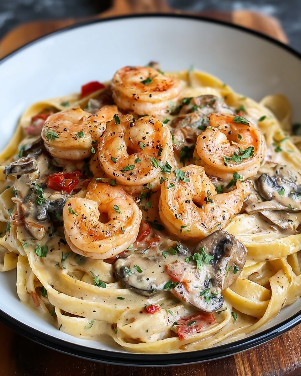 The image shows a close-up of creamy fettuccine pasta layered at the bottom, coated in a light-colored creamy sauce with specks of black pepper. On top, there are several well-cooked pink shrimp placed evenly across the pasta, giving a curved shape, sprinkled with chopped green herbs. Large, brown sautéed mushroom slices and small pieces of red bell pepper are mixed on and around the shrimp, adding color contrast. All ingredients sit in a white bowl with a black rim, and the overall look is warm and appetizing. The photo is taken with a white marbled texture as background. Photo taken with an iphone --ar 4:5 --v 7