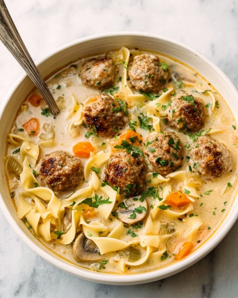 The image shows a white bowl filled with a creamy soup that has several layers. On the top layer, there are six round meatballs that are brown with herbs on them, scattered evenly. Below the meatballs, there are wide, flat noodles that are light yellow and slightly curled. Mixed in with the noodles are small chunks of orange carrots and thin slices of white mushrooms. The soup broth is light beige and cream-colored, with small pieces of chopped green herbs sprinkled on top. A metal spoon is resting inside the bowl, the handle sticking out at the top. The bowl is placed on a white marbled surface. photo taken with an iphone --ar 4:5 --v 7