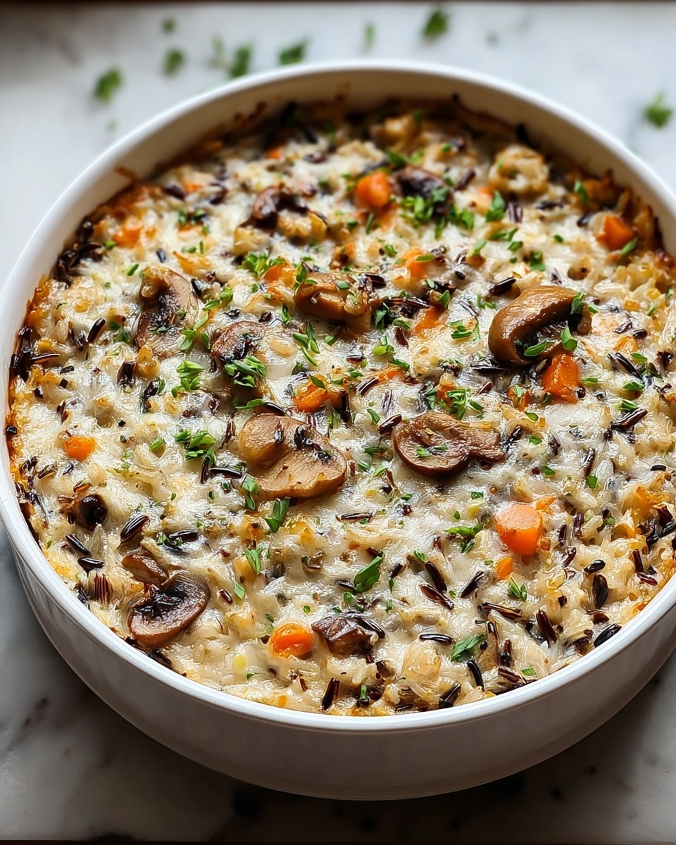 This image shows a white ceramic round dish filled with a creamy, baked rice and vegetable casserole. The top layer has visible chunks of sliced mushrooms that are brown and white, small orange carrot slices, and green chopped herbs sprinkled over the dish. The creamy base holds cooked wild rice with dark and light grains mixed in, giving a textured look. Some parts of the dish have a lightly browned, slightly crispy finish, showing it was baked. The dish is placed on a white marbled textured surface. photo taken with an iphone --ar 4:5 --v 7