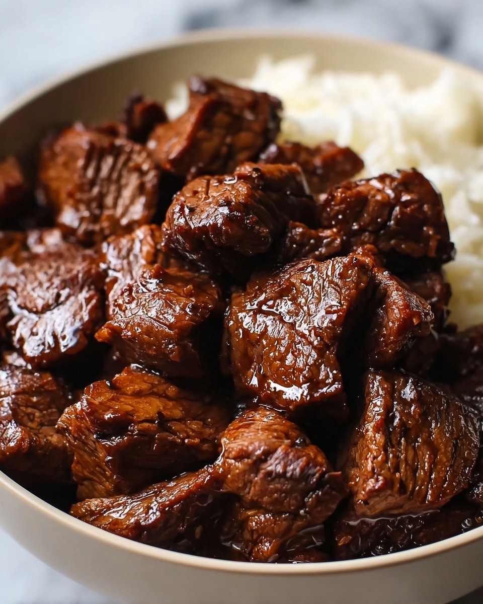 A close-up view of a white bowl filled with bite-sized pieces of dark brown, glossy cooked beef showing a shiny, slightly textured surface. The beef chunks are piled up thickly in the center of the bowl, with a small portion of white rice visible in the background, adding contrast to the rich brown tones of the meat. The bowl sits on a white marbled texture surface, giving a clean and simple look. photo taken with an iphone --ar 4:5 --v 7