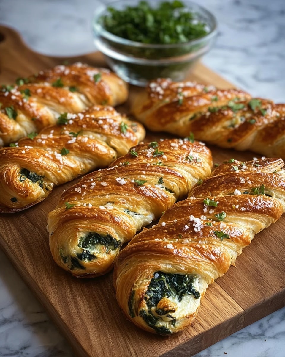 The image shows five golden-brown croissants placed in a neat row on a wooden board. Each croissant has a crispy, flaky outer layer with a shiny, slightly glossy texture due to a glaze. You can see layers of puff pastry wrapped around a creamy white and green spinach filling, peeking out at the ends and through slight openings in the pastry. Small green herb pieces are sprinkled on top for a fresh look. In the background, more croissants rest on another wooden surface beside a small clear glass bowl filled with green herbs, all set on a white marbled texture. Photo taken with an iphone --ar 4:5 --v 7
