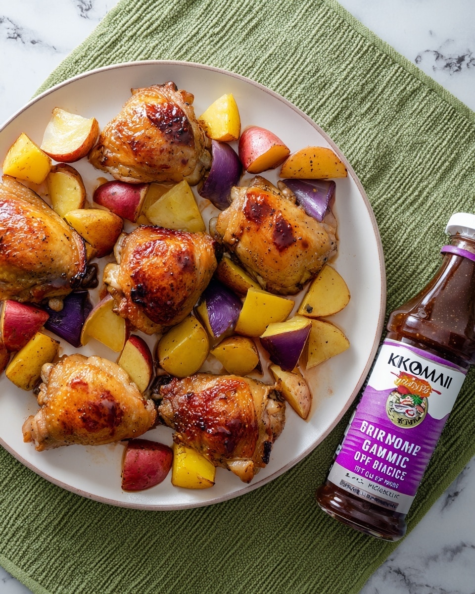 The image shows a white oval plate filled with six golden-brown roasted chicken thighs arranged in a loose cluster. Surrounding the chicken pieces are chunky, roasted potato wedges in yellow, red, and purple colors, showing a soft texture with crispy edges. The chicken skin is shiny and slightly charred in spots, with small sprigs of herbs scattered lightly on top. To the right of the plate, there is a bottle of dark teriyaki sauce with a purple cap and colorful label. The plate is placed on a green textured cloth over a white marbled surface. Photo taken with an iphone --ar 4:5 --v 7
