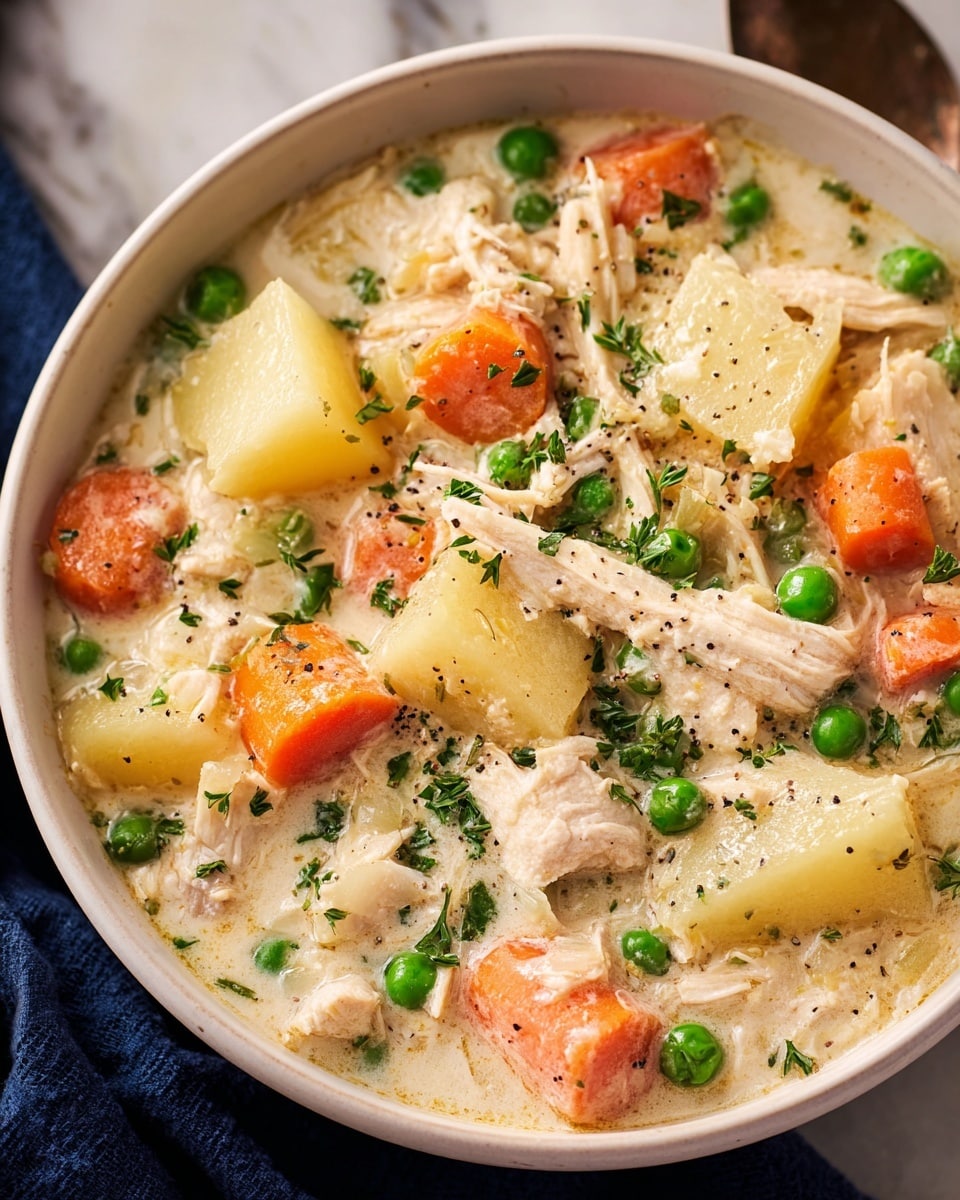This image shows a bowl filled with creamy chicken stew. The dish has several layers: large chunks of white and tender chicken pieces mixed with soft, pale yellow potato cubes. Bright orange carrot slices and vibrant green peas are scattered throughout, adding color and texture. The creamy broth is light beige and thick, coating the ingredients well. Small specks of black pepper and finely chopped green herbs are sprinkled on top for garnish. The food is served in a white bowl placed on a white marbled surface, with a dark blue cloth and a spoon partially visible nearby. photo taken with an iphone --ar 4:5 --v 7