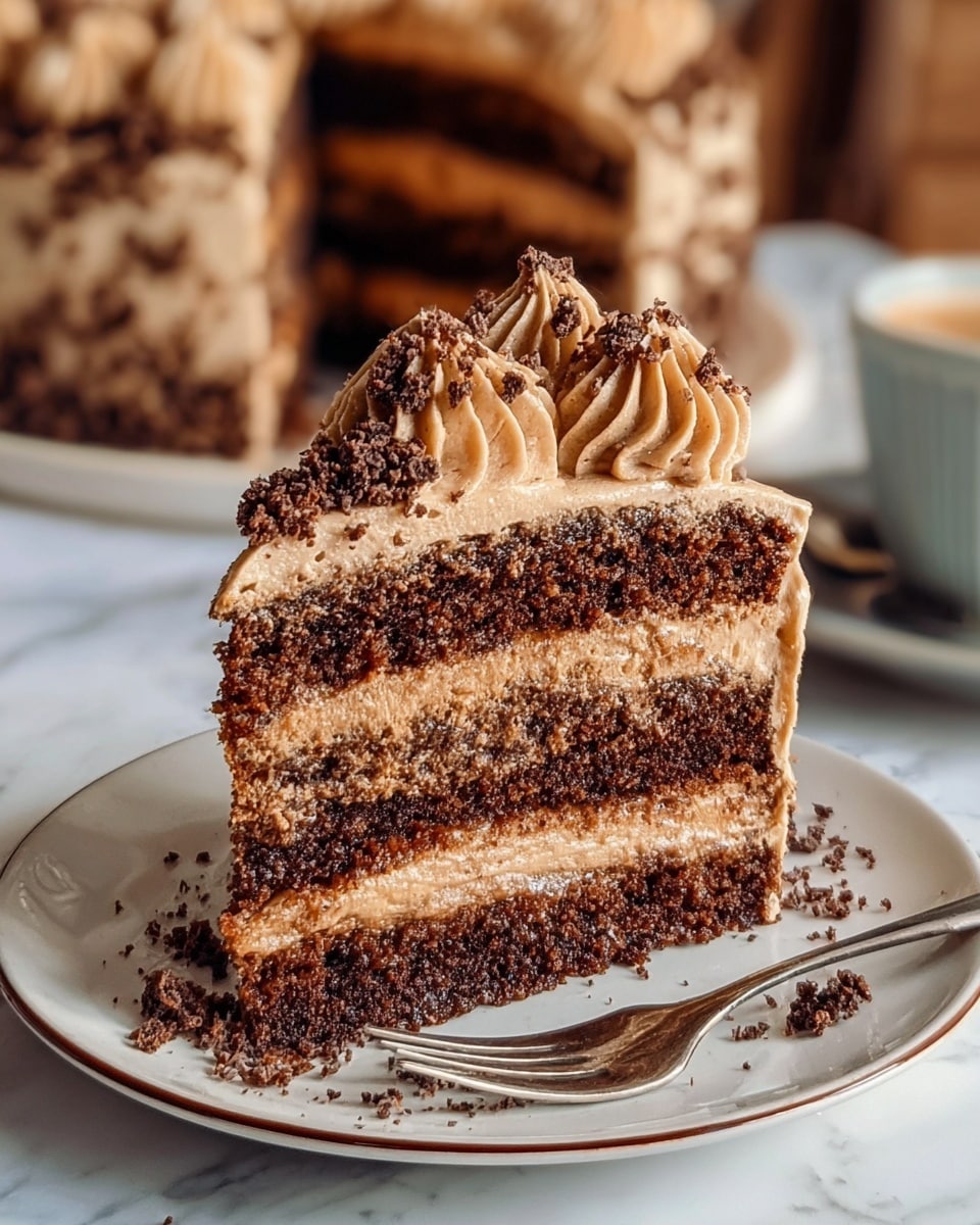 A close-up of a thick slice of three-layer chocolate cake on a white plate with a brown rim, sitting on a white marbled surface. The bottom and middle layers are rich, dark brown chocolate cake with a slightly crumbly texture. Between the cake layers are creamy light brown frosting layers, smooth and thick. The top layer is covered with the same light brown frosting, decorated with piped swirls and sprinkled with small crunchy brown bits and a light dusting of powdered sugar. A silver fork lies beside the cake with some crumbs around it. In the blurred background, a full cake and a white cup are visible. Photo taken with an iphone --ar 4:5 --v 7