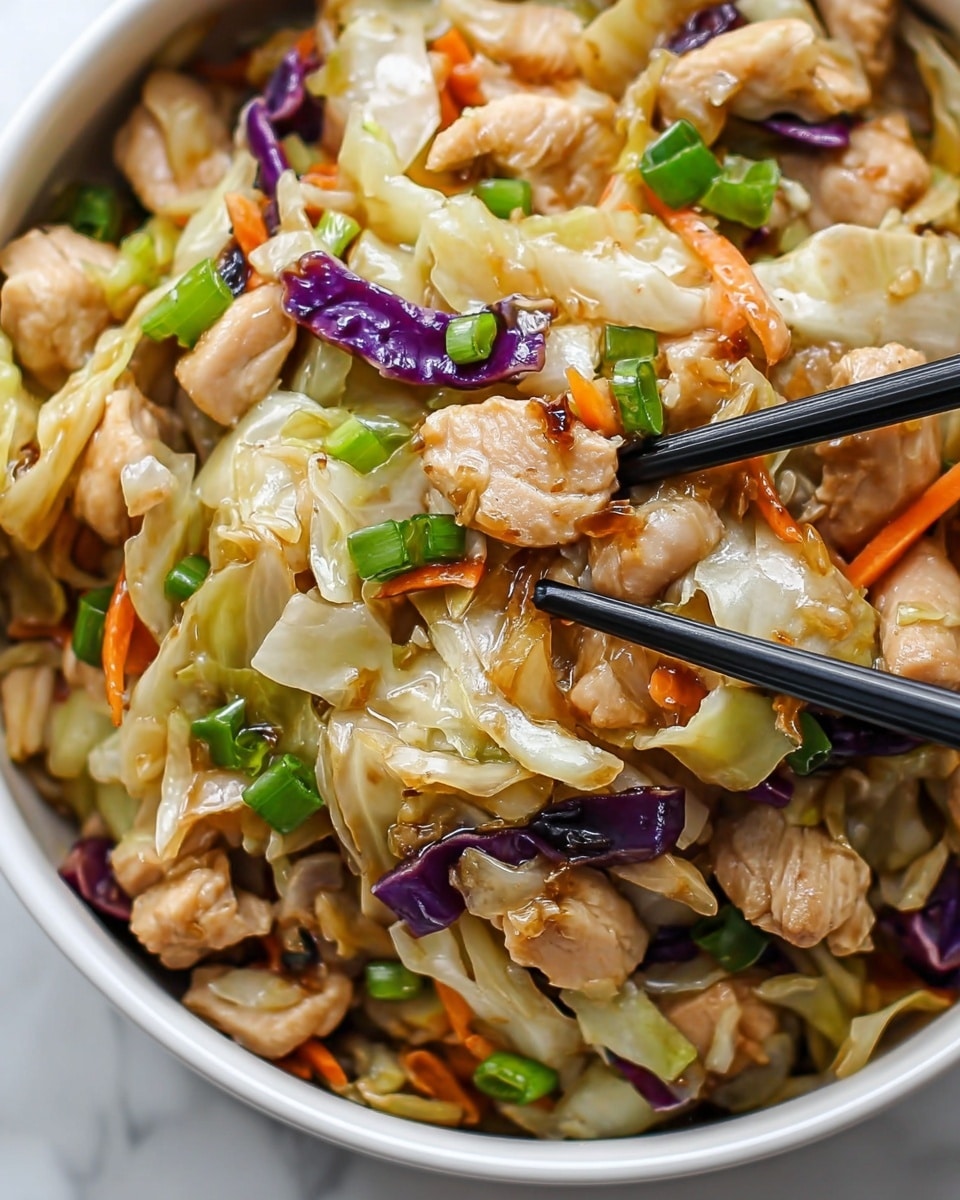 A close-up of a bowl filled with stir-fried chicken and vegetables. The base layer has light brown cooked chicken pieces that look juicy and tender. Mixed throughout are soft, pale green cabbage leaves and chopped green onions that add green color. Small bits of orange carrot and purple cabbage are scattered among the ingredients for color contrast. The ingredients look glossy with a light sauce that makes them shiny. Thin black chopsticks are holding some chicken pieces on the right side of the bowl. The bowl is white, sitting on a white marbled surface. Photo taken with an iphone --ar 4:5 --v 7