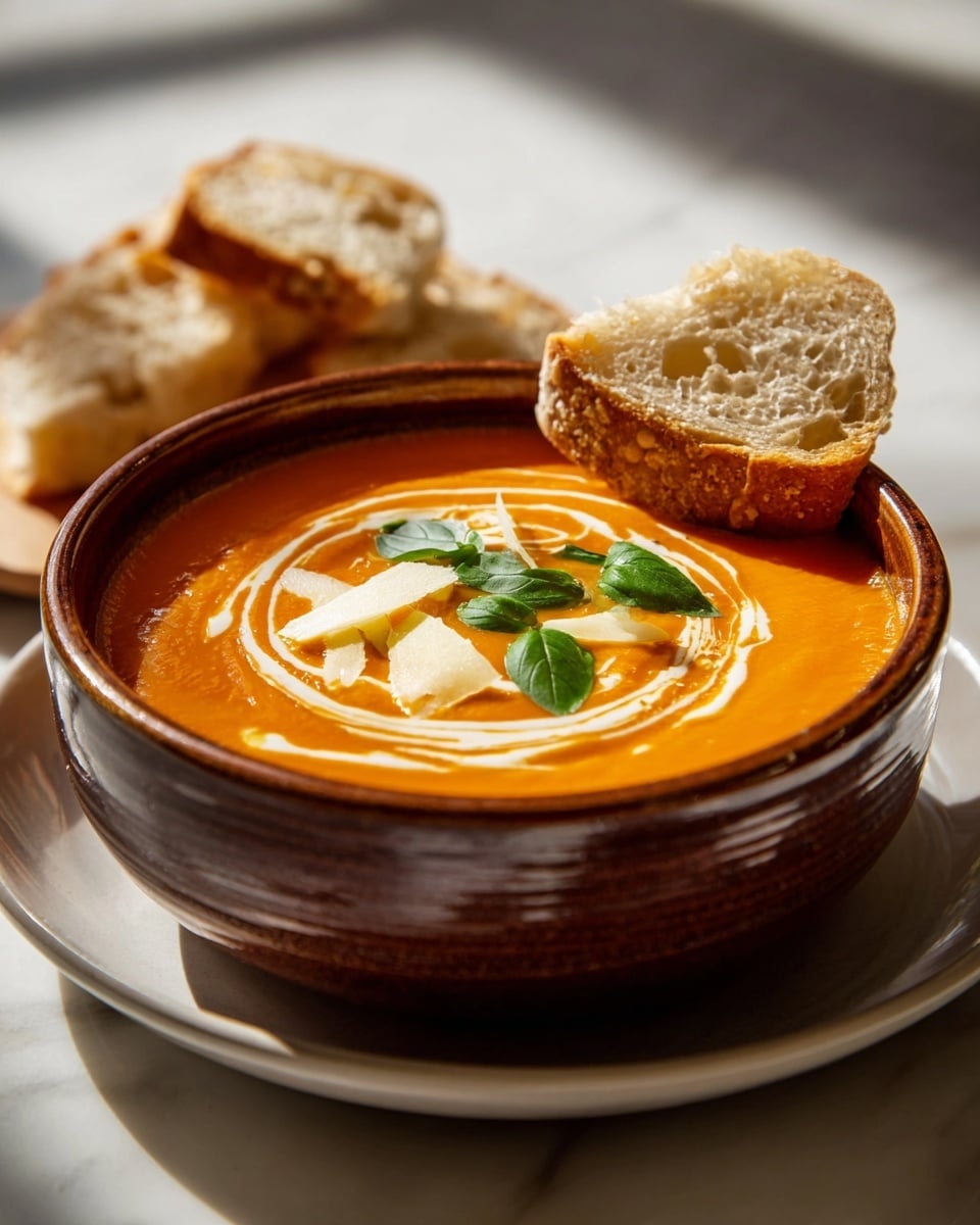 A rustic brown bowl filled with smooth, thick orange tomato soup with a white cream swirl on top. The soup is garnished with fresh green basil leaves placed near the center and thin, light beige cheese shavings scattered on the cream. A slice of crusty bread with a golden-brown crust rests on the edge of the bowl and some smaller bread pieces are placed alongside it on a white plate. The whole setting is on a white marbled surface with natural light casting soft stripes across the scene. Photo taken with an iphone --ar 4:5 --v 7