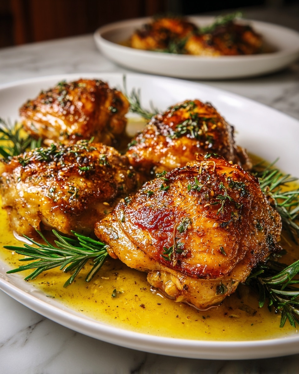 The image shows a white plate with four pieces of golden brown roasted chicken thighs arranged closely together, each with crispy, slightly charred skin covered in green herb sprinkles. The chicken sits in a shallow pool of yellowish, oily sauce that looks rich and flavorful. A few fresh rosemary sprigs are placed on top and between the chicken pieces, adding a touch of green and texture contrast. The plate is set on a wooden surface with another white plate of chicken blurred in the background. photo taken with an iphone --ar 4:5 --v 7