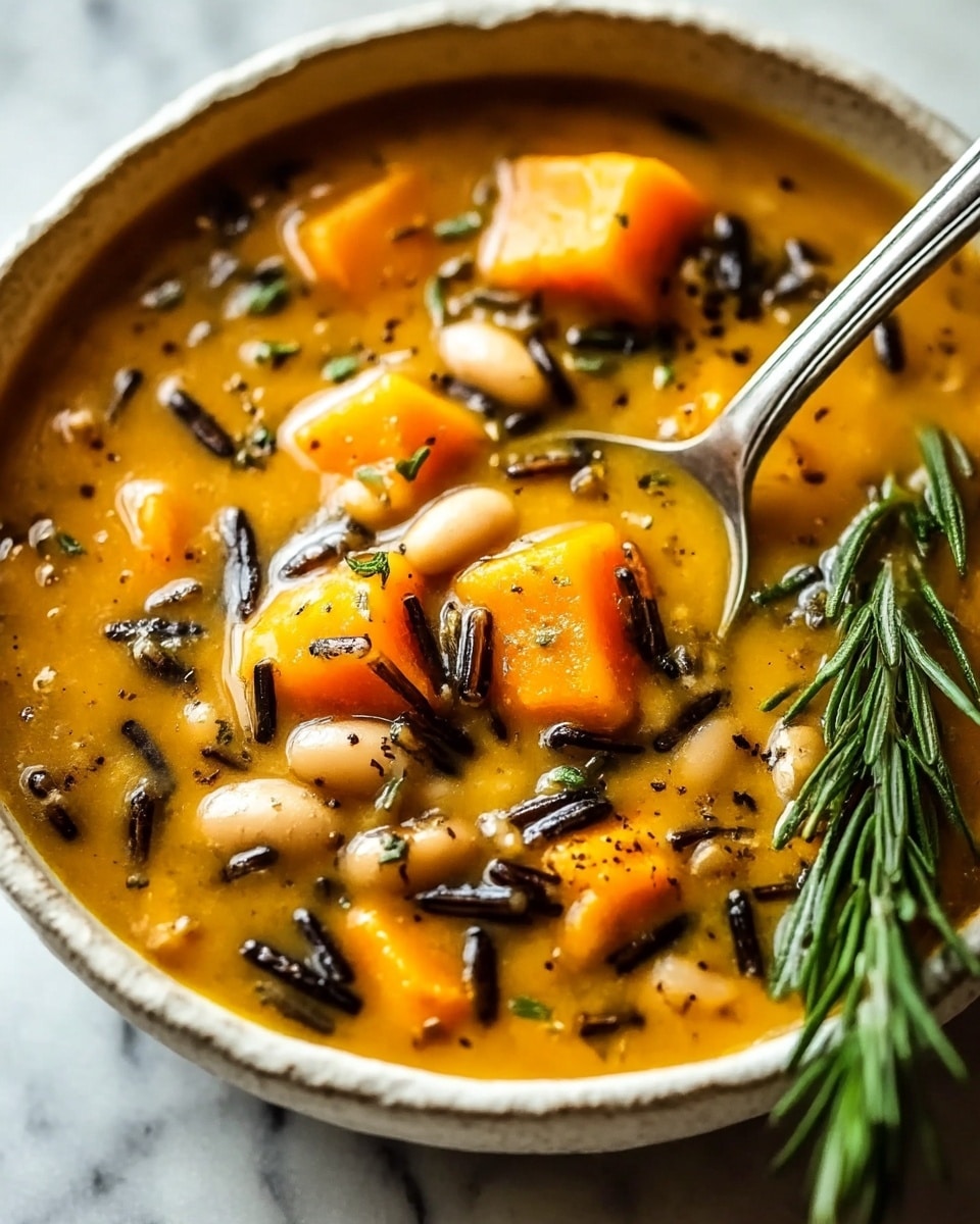 The image shows a close-up of a thick soup served in a white bowl with a rough textured edge. The soup has a warm orange-yellow base with visible pieces of bright orange chunks, likely squash or sweet potato, along with grains of black wild rice and white beans scattered throughout. Small green herb leaves float on the surface, and a sprig of fresh rosemary rests on one side of the bowl. A wooden spoon is partially submerged, lifting a scoop of soup that highlights the chunky vegetables and rice, with a light sprinkle of black pepper adding detail. The bowl sits on a white marbled surface. photo taken with an iphone --ar 4:5 --v 7