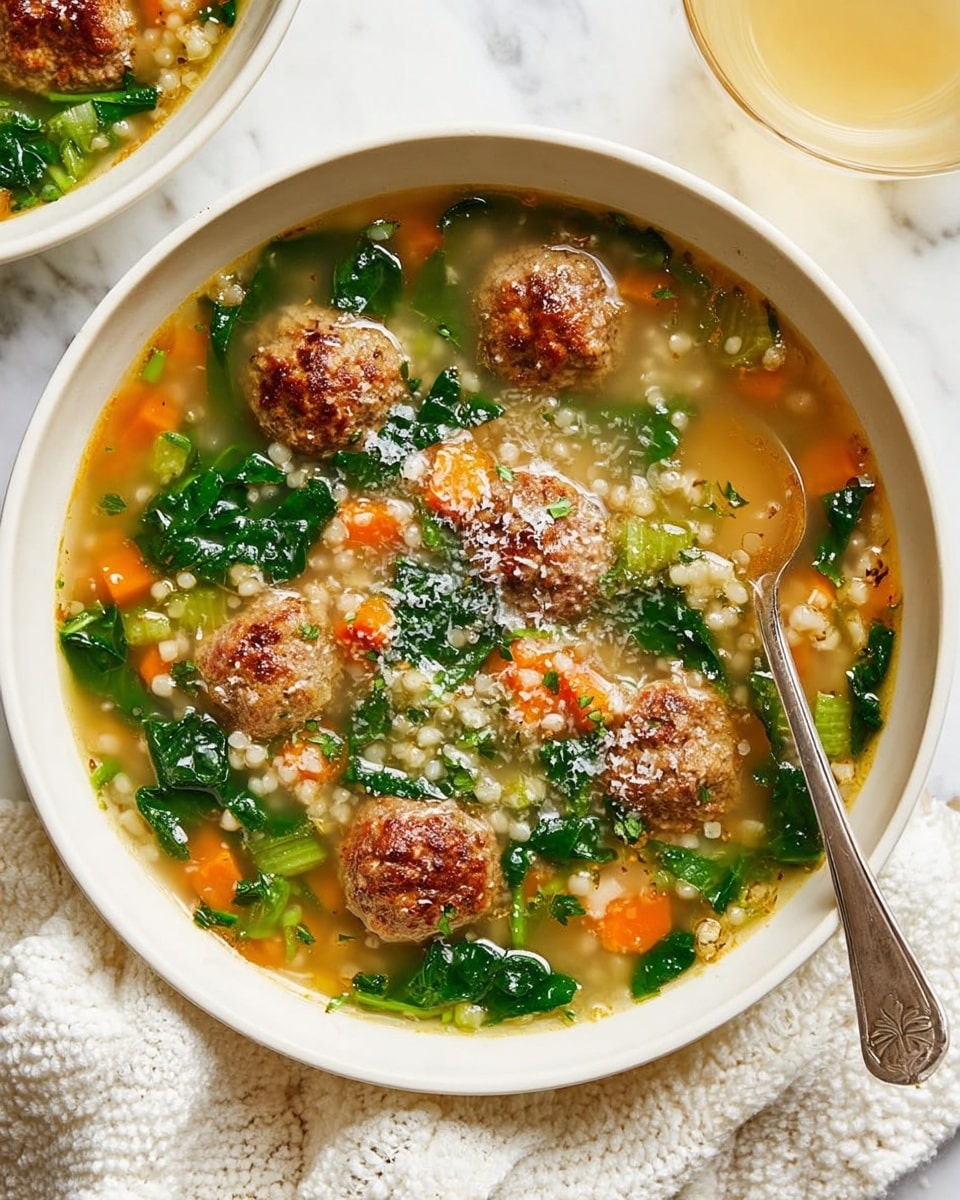 A white bowl filled with a clear broth soup containing six browned meatballs, small round grains, chopped orange carrots, green leafy vegetables, and bits of celery and onion. The soup has a light sprinkle of grated cheese on top. There is a metal spoon resting in the bowl, positioned near the upper right edge. The bowl sits on a white marbled surface with a white textured cloth nearby, and part of a glass with a pale yellow drink is visible in the top right corner. Photo taken with an iphone --ar 4:5 --v 7