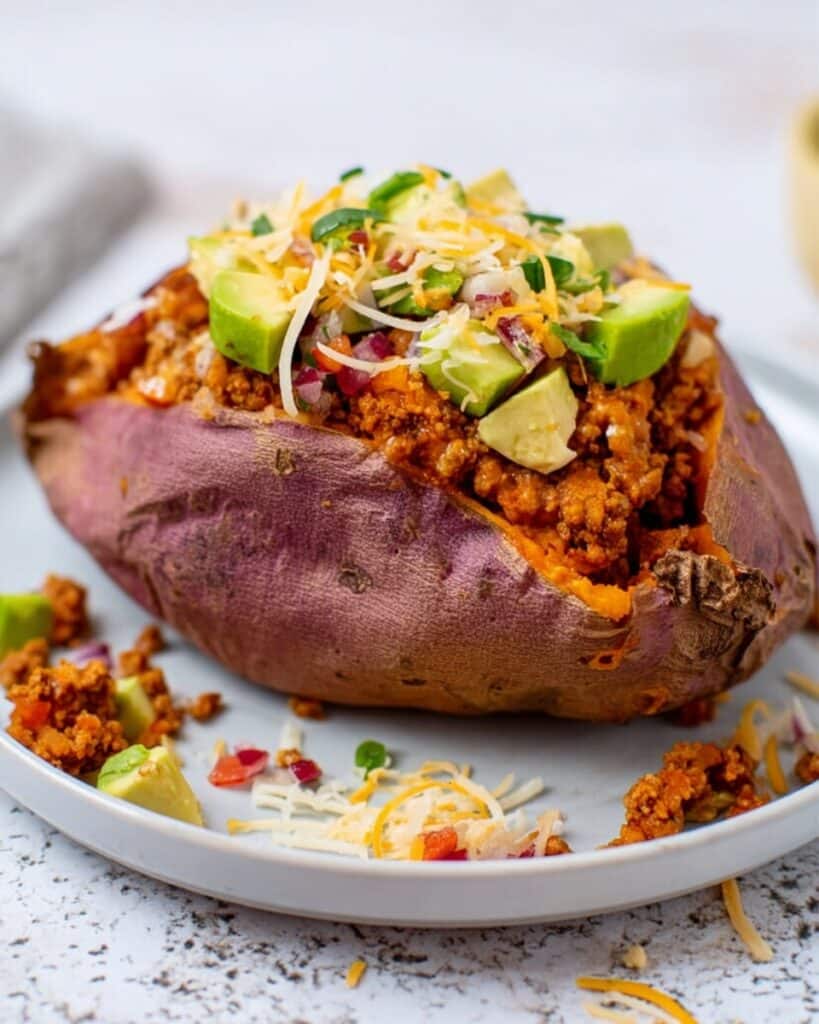 Heart-Healthy Avocado Turkey Chili Stuffed Sweet Potatoes Recipe