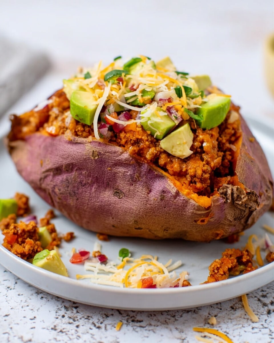 A baked sweet potato with a wrinkled, deep purple skin sits on a white plate with a white marbled texture background. The potato is cut open and filled with a mix of orange-brown cooked ground meat with small red and white bits, and topped with green avocado chunks and soft, shredded pale-yellow cheese scattered on top. Some filling has spilled onto the plate around it. The potato skin curls slightly around the filling, showing a layered texture of soft inside and crispy outside. photo taken with an iphone --ar 4:5 --v 7