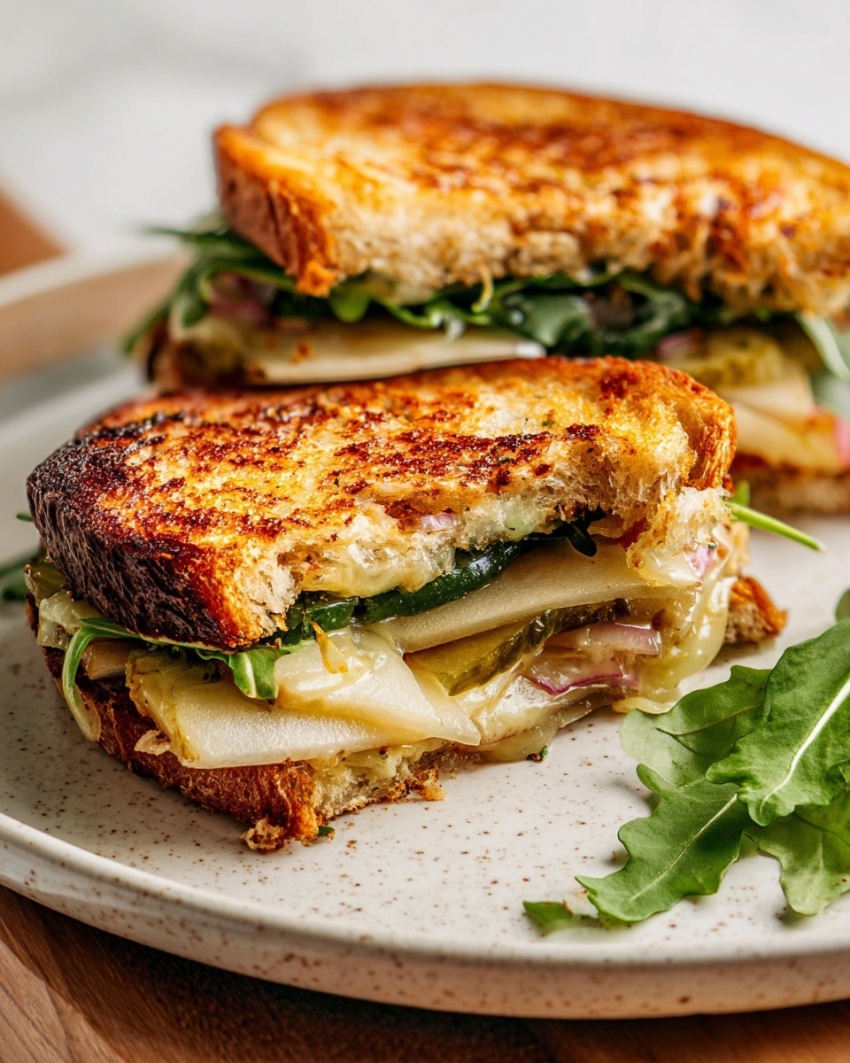 A close-up of two toasted sandwiches placed on a white speckled plate on a wooden board over a white marbled texture. Each sandwich shows three visible layers: the top layer is golden brown toasted bread with melted cheese, the middle layer consists of green leafy arugula and slices of pickled green jalapeños, and the bottom layer has thin slices of apple and red onion with a grainy mustard spread on the bread. One sandwich has a bite taken out, revealing the soft inside of the toasted bread. A green arugula leaf is placed on the plate beside the sandwiches. Photo taken with an iphone --ar 4:5 --v 7