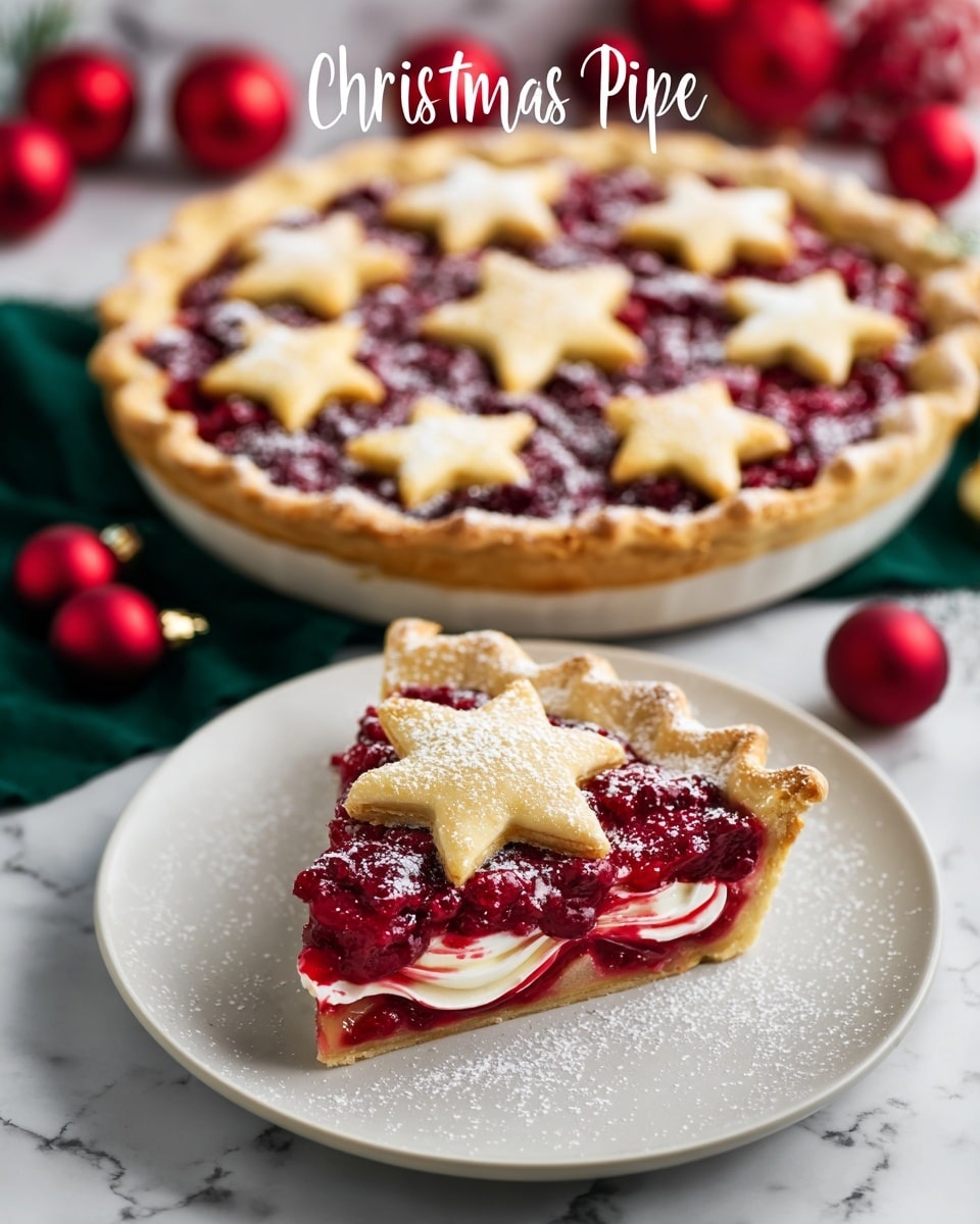 A Christmas pie is shown with a golden crust in a deep layer as the base, filled with bright red berry filling mixed with some whole berries, creating a thick, glossy texture. On top, there are 13 golden star-shaped pie crust decorations evenly placed, each sprinkled lightly with white powdered sugar, revealing glimpses of the red filling beneath. A slice of the pie is cut and placed on a white plate, showing the layered inside with the red berry filling and creamy white swirls, topped with three golden star-cut crust pieces, also dusted with powdered sugar. The background is a white marbled surface with red Christmas ornaments visible. photo taken with an iphone --ar 4:5 --v 7