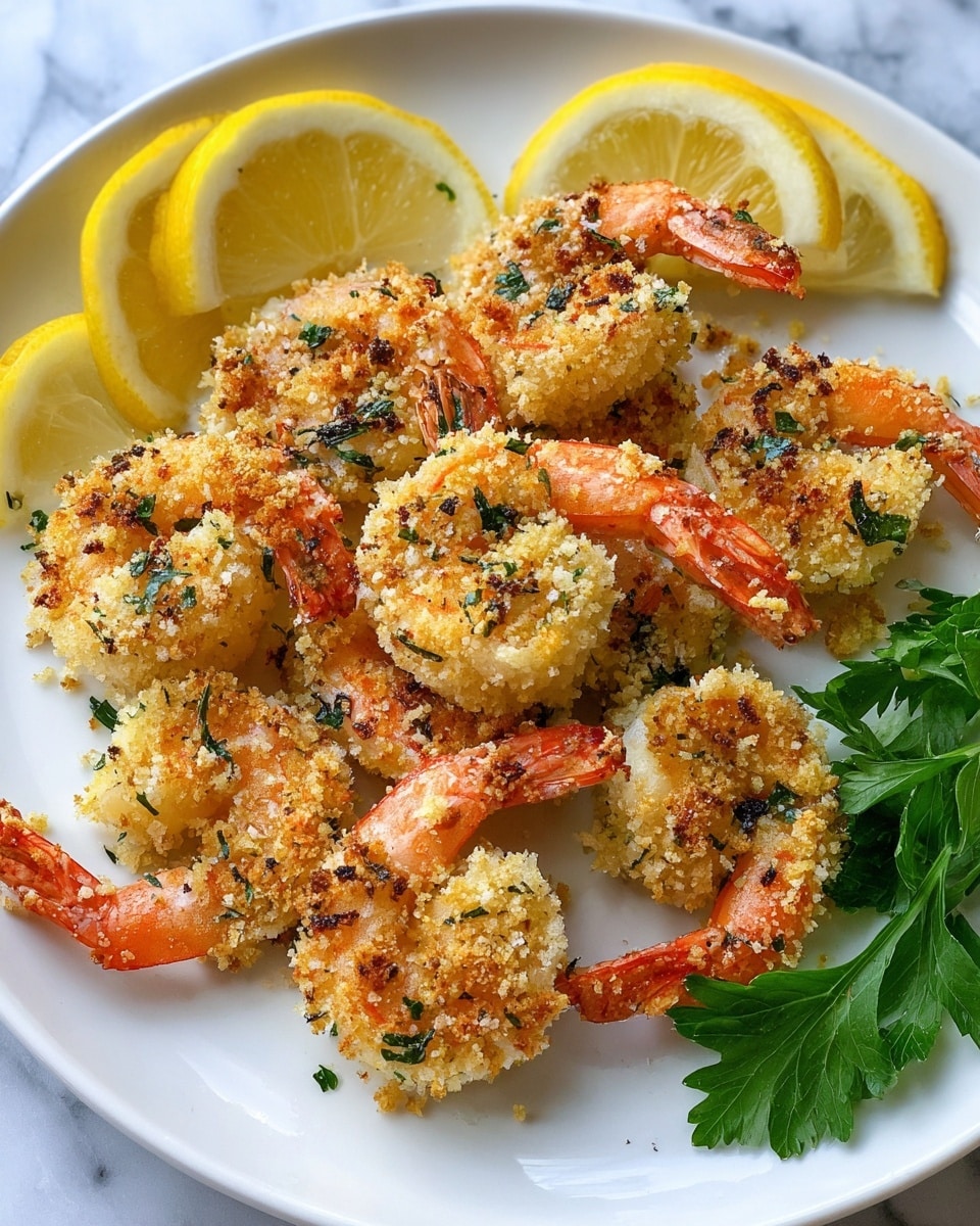 The image shows a white plate with about ten pieces of cooked shrimp arranged closely together. Each shrimp is covered with a golden-brown breadcrumb coating mixed with green herbs. The shrimp shells are partly visible, adding a bright orange color to the dish. There are two thick lemon wedges on the plate—one near the bottom right and one near the top left—adding a fresh yellow contrast. A sprig of bright green parsley sits near the upper left side of the plate. The plate rests on a white marbled surface. The photo taken with an iphone --ar 4:5 --v 7