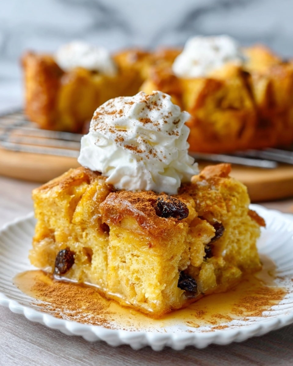 A thick, golden-brown slice of bread pudding sits on a white plate with a textured edge, showing a moist inside with dark raisins spread throughout. The top layer is slightly crisp with a deep caramel color and a dollop of white whipped cream dusted with light brown cinnamon powder in the center. The plate has a scattering of cinnamon powder around the slice, and the photo is taken on a white marbled surface with a wooden texture in the background, where more bread pudding pieces rest on a cooling rack. photo taken with an iphone --ar 4:5 --v 7