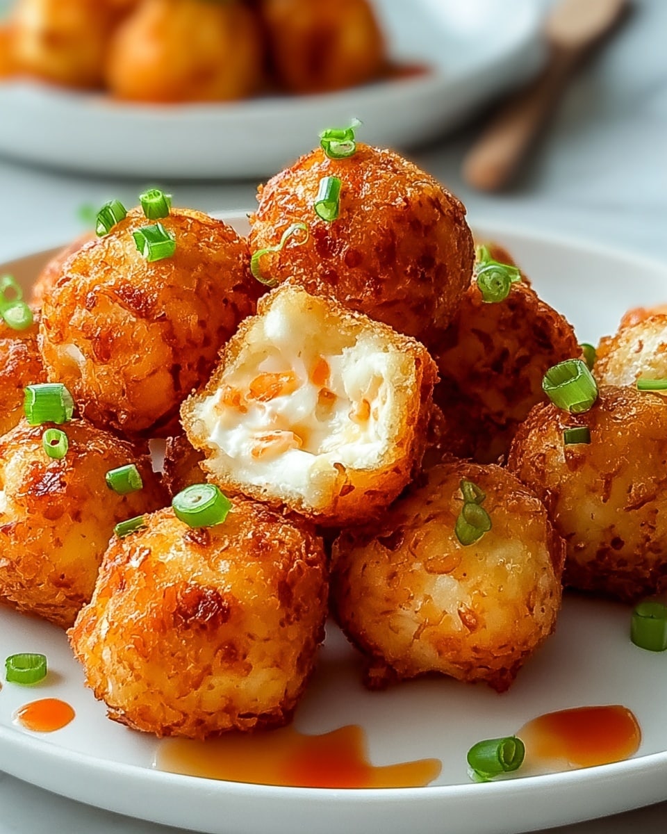 A white plate holds a pile of golden-brown fried balls with a crispy, textured outer layer. Some of the balls are garnished with small green onion pieces, adding a fresh green accent on top. One ball in the front is split open, showing a creamy white interior with small orange and white bits mixed inside, suggesting a soft filling with vegetables. The plate has some reddish-orange sauce drizzled around the balls, adding a glossy touch. The background is softly blurred with another white plate visible, all set on a white marbled surface. photo taken with an iphone --ar 4:5 --v 7