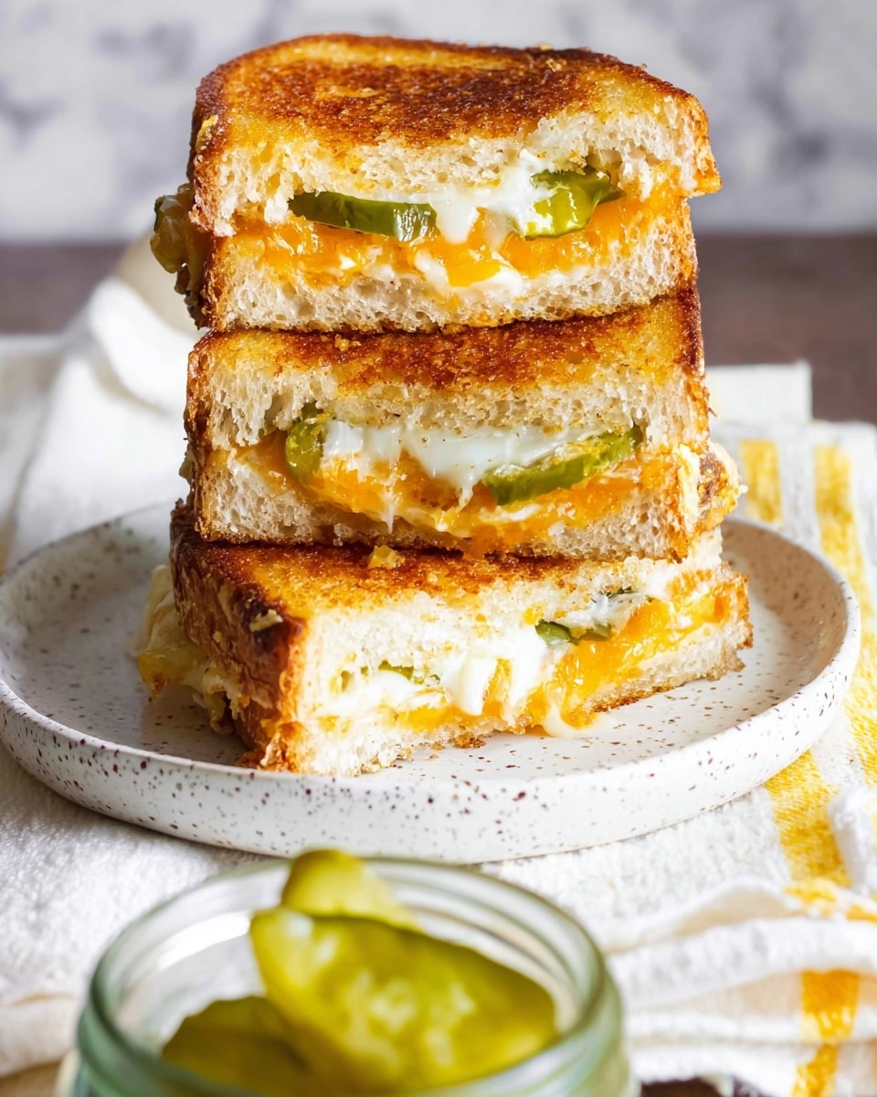 A stack of four grilled cheese sandwich halves, each sandwich showing two layers of golden toasted bread with a crispy texture on top and bottom. Between the bread layers, there is melted white cheese and bright orange cheddar cheese, along with green pickles visible on both top and bottom sandwiches. The sandwiches are placed on a white plate with a speckled pattern, sitting on a white marbled surface with a white cloth that has yellow stripes. In the foreground, there is a small clear glass jar filled with green pickle slices, slightly blurred to keep focus on the sandwich stack. Photo taken with an iphone --ar 4:5 --v 7