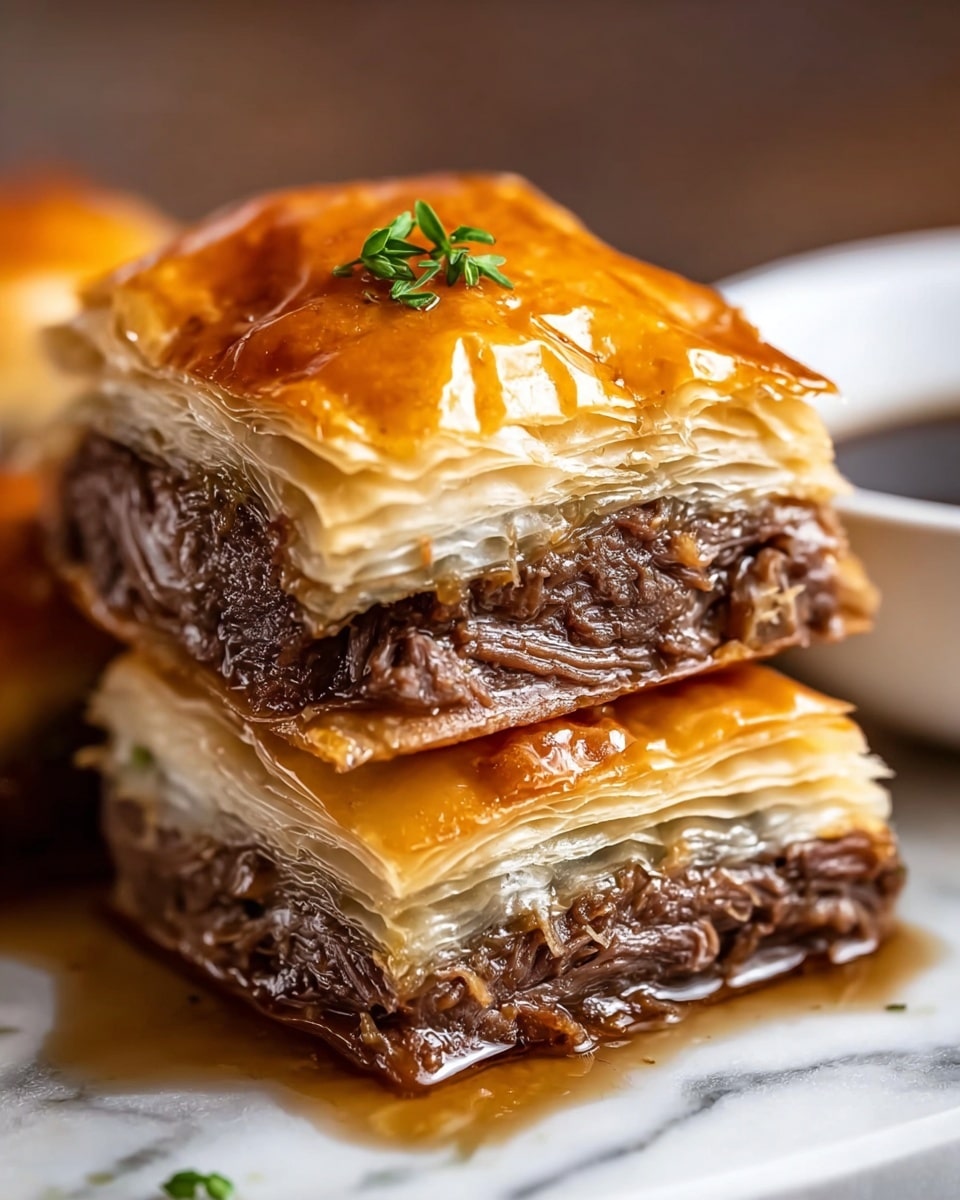 The image shows several square pieces of puff pastry sandwiches stacked neatly on a wooden board. Each sandwich has two golden, crispy, flaky layers of puff pastry with a visible filling of dark, shredded meat in between. On top of some sandwiches, there are small green herb leaves placed as garnish. Next to the sandwiches, there is a white rippled bowl filled with a brown sauce, which also has a small herb leaf floating on the surface. The whole setup is on a white marbled surface. photo taken with an iphone --ar 4:5 --v 7