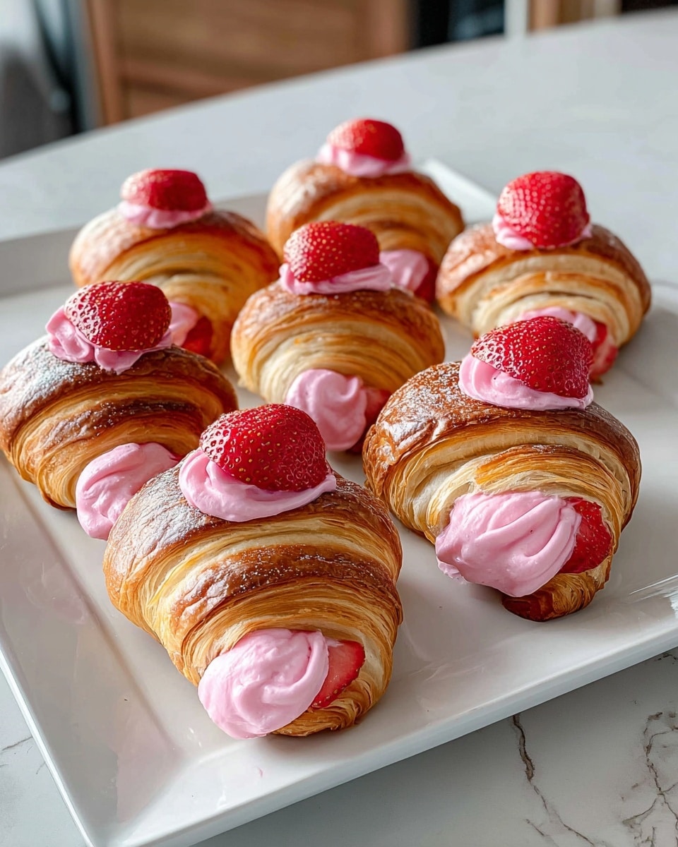 The image shows six croissants arranged on a white rectangular plate placed on a white marbled textured surface. Each croissant has a golden brown, flaky outer layer with visible crispy layers. Inside and peeking out are bright pink creamy swirls with a smooth texture, topped with a small whole strawberry each, adding a vibrant red accent. The pink cream also slightly drips over the croissant layers, creating a glossy look. The croissants are evenly spaced, photographed in soft natural light, highlighting their glossy and flaky textures. photo taken with an iphone --ar 4:5 --v 7