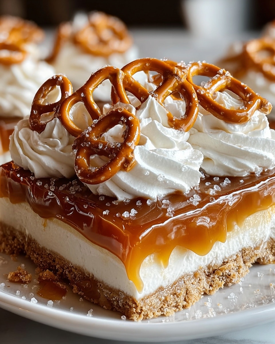 A close-up view of a square dessert with four visible layers: a crumbly light brown crust at the bottom, a thick white creamy layer above it, topped by a glossy caramel layer that drips slightly over the edges, and a final layer of fluffy white whipped cream swirled on top. On the whipped cream, there are whole pretzels covered in caramel and sprinkled with coarse white salt. The dessert is on a white plate sitting on a white marbled surface. photo taken with an iphone --ar 4:5 --v 7