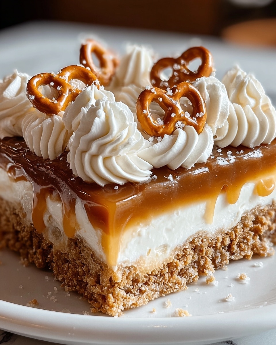 A square dessert bar with a three-layer stack sits on a white plate, resting on a white marbled surface. The bottom layer is a crumbly, light brown crust with a slightly rough texture. Above this is a thick, smooth white cream layer. The top layer is a glossy, rich caramel with some dripping over the edges. On top, there are white whipped cream swirls spread evenly, each topped with whole pretzels that have a glossy, golden brown color and are sprinkled with coarse white salt. Photo taken with an iphone --ar 4:5 --v 7