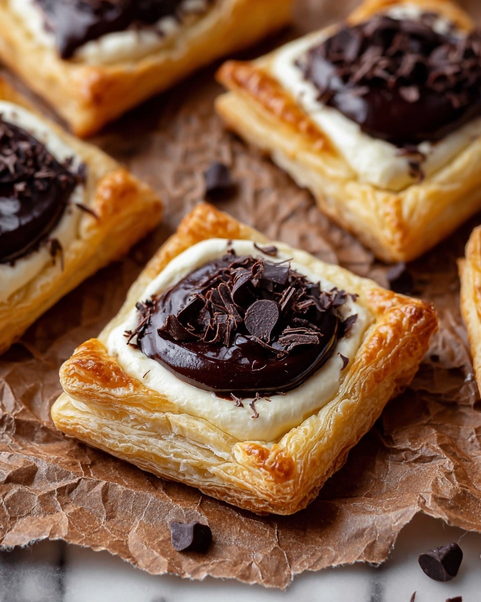 The image shows several square puff pastries placed on crumpled brown parchment paper over a white marbled surface. Each pastry has three visible layers: a golden-brown, crispy, flaky outer layer; a thick, creamy white middle layer forming a border; and a glossy, dark chocolate center topped with dark chocolate curls scattered on top and around the pastries. The chocolate curls add texture and small dark accents to the smooth chocolate filling. photo taken with an iphone --ar 4:5 --v 7