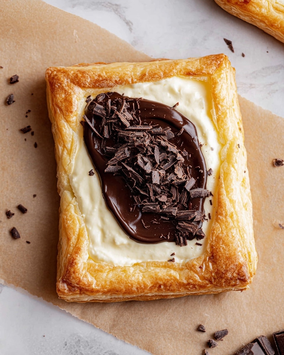 A square pastry with a golden, flaky crust forms the base, its edges puffed and slightly browned. Inside the pastry border, there is a thin, creamy white layer of what looks like a soft cheese or cream, evenly spread and creating a smooth bed. On top of this creamy layer, half of the center is covered with a thick, glossy dark chocolate spread that looks smooth and shiny. The chocolate layer is garnished with a small pile of curled dark chocolate shavings, placed on one side, adding texture and a deeper color contrast against the creamy white and golden layers. The pastry rests on a piece of light brown parchment paper over a white marbled surface, with a few chocolate shavings scattered nearby. photo taken with an iphone --ar 4:5 --v 7