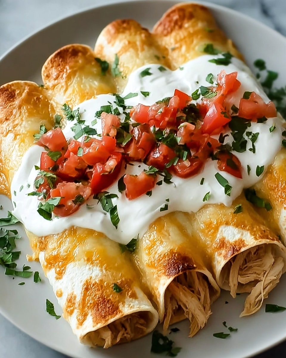 Four rolled tortillas filled with shredded chicken are placed side by side on a white plate. The tortillas are covered with melted, slightly browned cheese that has a creamy texture. On top of the cheese, there is a smooth layer of white sour cream, topped with small red tomato pieces mixed with green chopped herbs. More green herbs are sprinkled around the plate, adding color contrast. The image is set on a white marbled surface. photo taken with an iphone --ar 4:5 --v 7