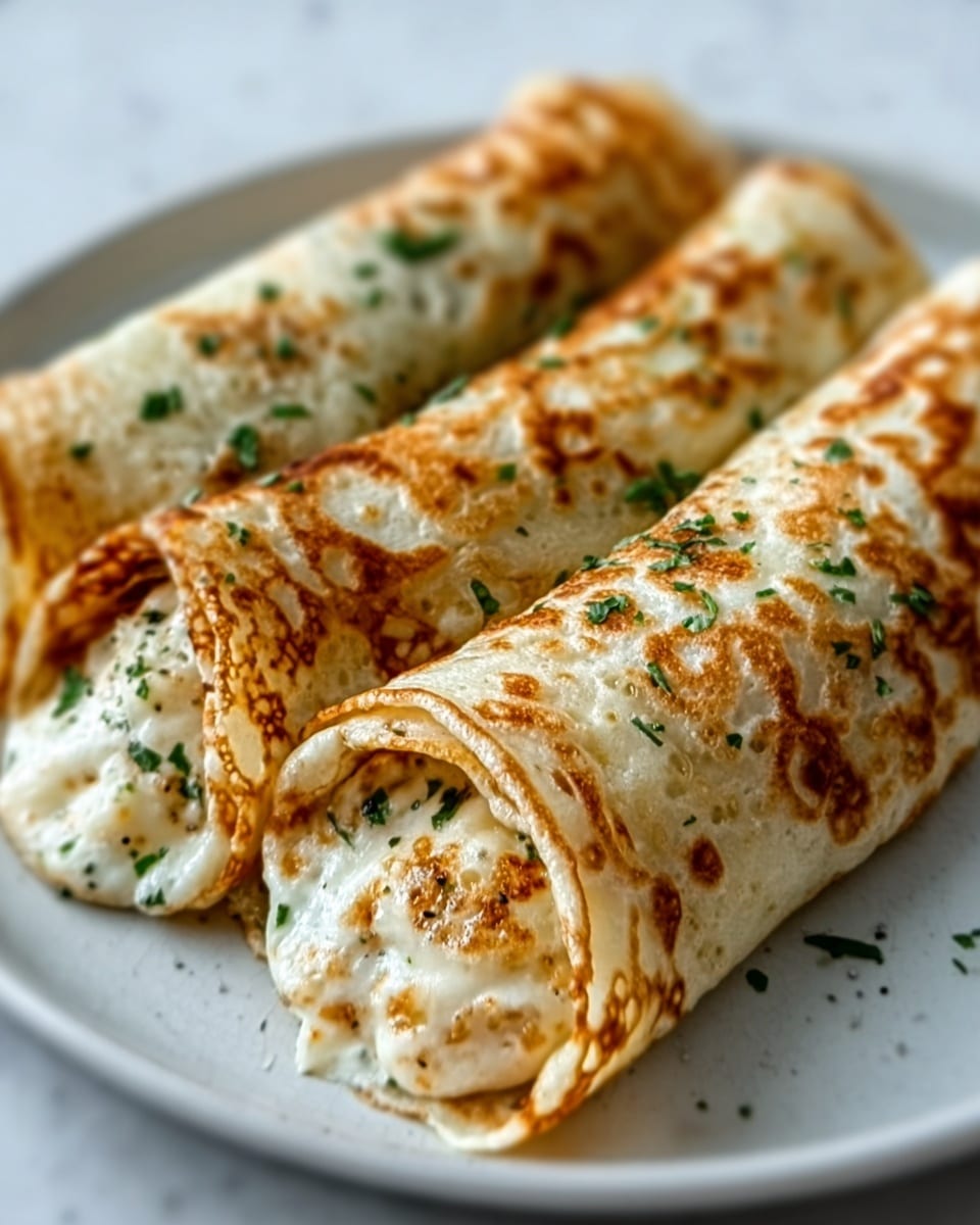 The image shows a white plate on a white marbled surface holding three rolled crepes stacked side by side. Each crepe is golden brown with a slightly crispy texture, dotted with small green herbs sprinkled on top. The crepes are filled with a creamy white filling which is visible at the ends, looking soft and smooth. The outer layer of the crepes has a light toasted pattern with some darker browned spots, adding a nice contrast to the pale cream inside. photo taken with an iphone --ar 4:5 --v 7