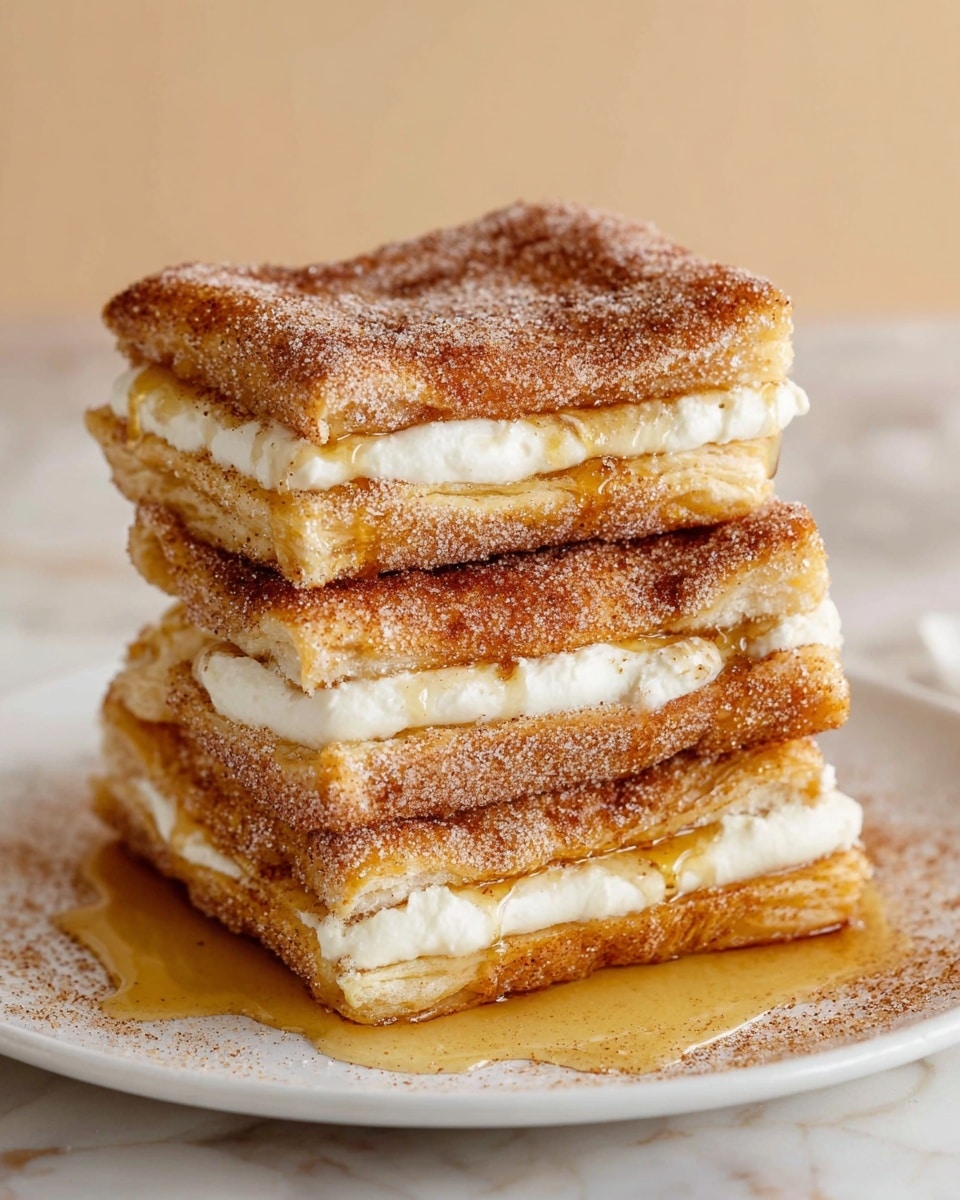 The image shows a stack of four square pastry sandwiches on a white plate, each sandwich having three layers. The bottom and top layers are golden brown pastry coated with a light dusting of cinnamon sugar, giving a slightly grainy texture. The middle layer is a creamy white filling with a smooth, soft texture that looks thick and rich. There is a drizzle of golden syrup pooling on the plate around the base of the stack, adding shine and moisture. The plate sits on a white marbled surface, and the background is a soft beige color, which helps the warm tones of the pastries stand out. photo taken with an iphone --ar 4:5 --v 7