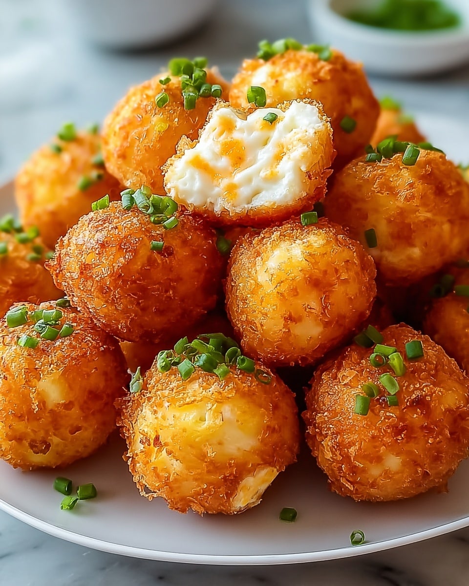 The image shows a white plate filled with small, round fried balls that have a golden-brown crispy outside layer. One ball is cut open on top, revealing a soft, white inside mixed with small orange bits, giving a contrast between the crunchy shell and creamy filling. Scattered bright green chopped chives are sprinkled over the balls, adding fresh color. The plate sits on a white marbled surface. photo taken with an iphone --ar 4:5 --v 7