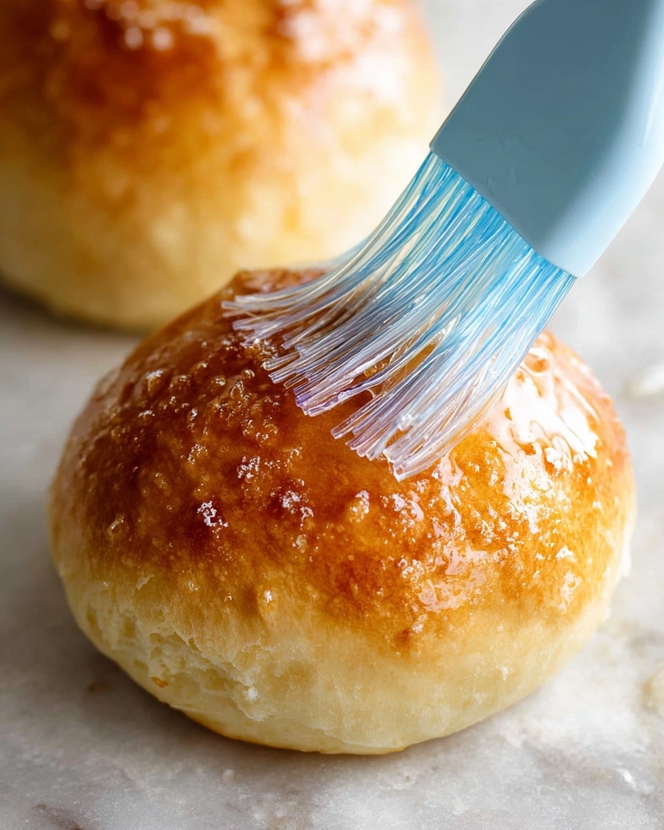The image shows two small round bread rolls with a golden brown crust sitting on a white marbled textured surface. One roll is in focus as a transparent silicone brush with a light blue handle applies a shiny liquid glaze, giving the crust a glossy finish. The crust looks slightly crisp with uneven brown patches, and small bubbles of glaze can be seen on the surface. The background is softly blurred to highlight the glazing action. Photo taken with an iphone --ar 4:5 --v 7