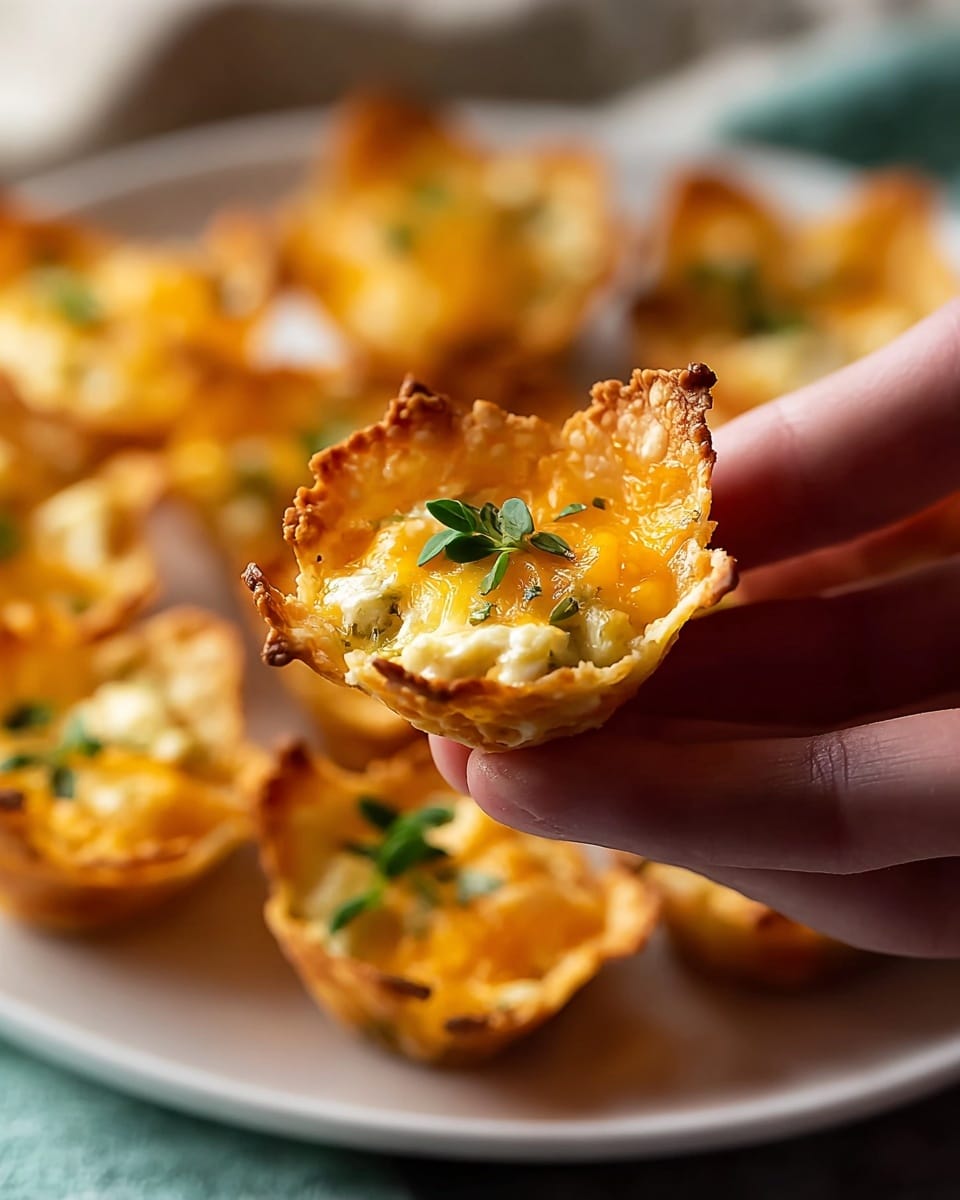 A white scalloped plate holds several crispy yellow tortilla chips shaped like small bowls, each filled with a melted mixture of white and orange cheese that is bubbly and slightly browned on top. Small green herb pieces are sprinkled over the cheese, adding a touch of color. The chips have a rough texture with some dark seasoning spots, and the cheese filling is creamy with a smooth, melting surface. The plate is set on a white marbled texture. photo taken with an iphone --ar 4:5 --v 7