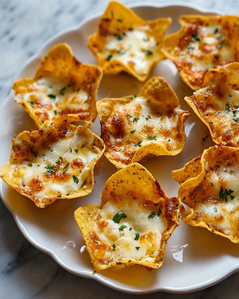 A close-up shows a woman's hand holding a small, crispy, golden-brown chip cup filled with two layers: a creamy, pale yellow cheese mixture with herbs and melted bright orange cheddar cheese on top, garnished with small green herb leaves. More chip cups filled the white plate below, set on a white marbled surface with a soft focus background, giving a warm and cozy feeling. photo taken with an iphone --ar 4:5 --v 7