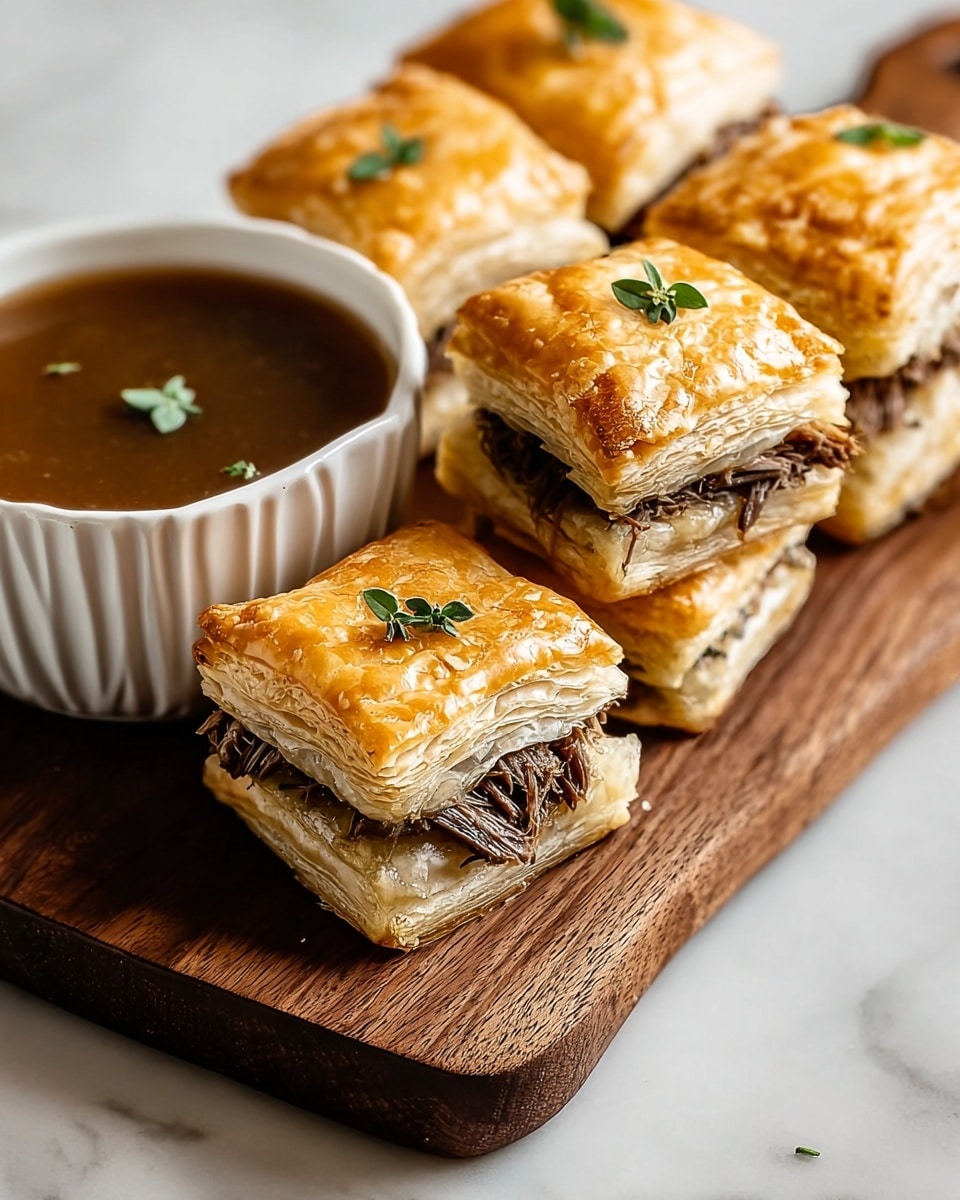 The image shows three pieces of a layered meat pie stacked together on a white marbled surface, with the top piece featuring a small green herb garnish. Each piece has a golden brown, flaky top crust with a shiny texture, followed by many thin, light-colored pastry layers. Underneath the crust, a thick layer of dark brown, tender, shredded meat with a glossy texture is clearly visible. The meat looks juicy and cooked well, with some sauce around the base adding a slight shine. In the background to the right, a white bowl with a dark sauce is partially visible, slightly blurred. photo taken with an iphone --ar 4:5 --v 7
