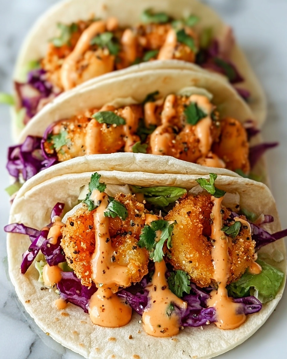 The image shows three soft corn tortillas with charred marks, each holding layers of food. The bottom layer inside the tortillas is shredded purple cabbage, bright and textured. On top of the cabbage are small diced red tomatoes scattered smoothly. Above the tomatoes, there are golden-brown fried shrimp coated with a crispy texture, arranged in groups of two or three per tortilla. The shrimp are drizzled with a light pink creamy sauce and sprinkled with small green cilantro leaves. The tacos rest on a white plate placed on a white marbled surface with some green cilantro sprigs nearby. Photo taken with an iphone --ar 4:5 --v 7