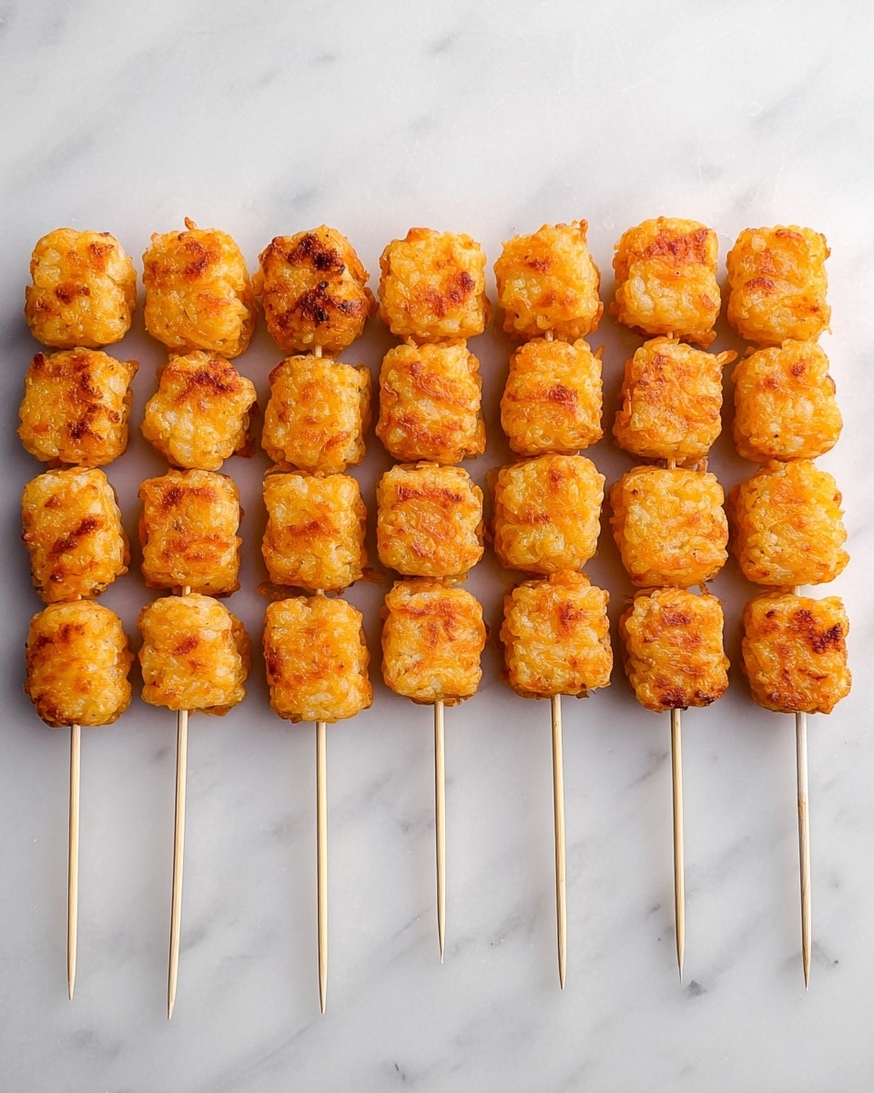 There are eight long wooden skewers lying flat in a row on a white marbled surface. Each skewer holds five small, crispy, golden-brown tater tot pieces stacked evenly from bottom to top. The tater tots have a crunchy texture with a light orange color and slight variations of darker brown spots where they have been cooked. The overall look is neat and organized with all skewers parallel and spaced evenly. photo taken with an iphone --ar 4:5 --v 7