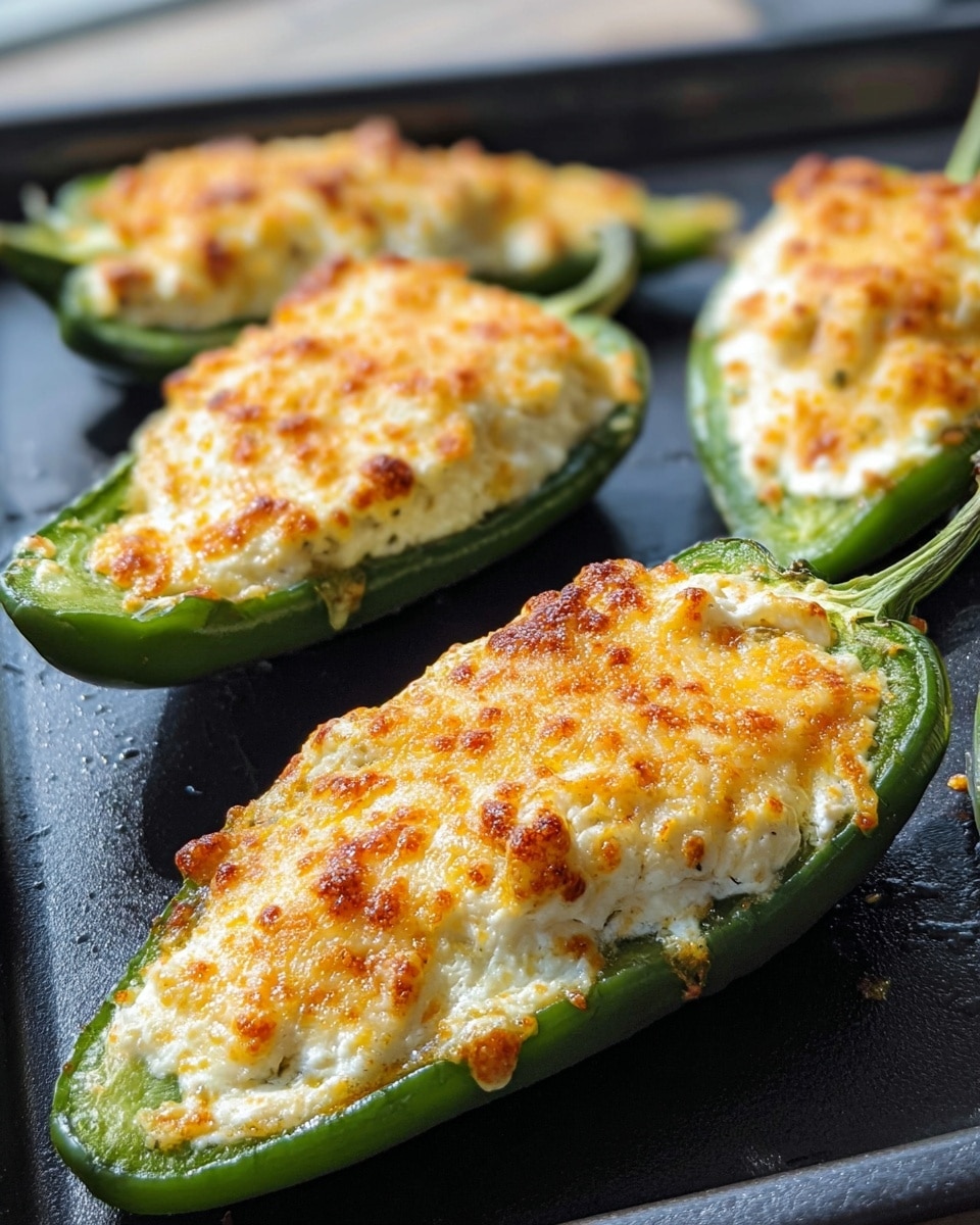 The image shows four green jalapeño halves stuffed with a creamy, white cheese filling. The cheese topping is melted and golden brown with some small crispy spots, creating a slightly uneven texture on top. Each jalapeño has a shiny, smooth green skin and the filling is heaped high, almost overflowing the edges. They are placed close together on a black baking tray, which contrasts with the bright colors of the peppers and cheese. The scene is well lit with natural light giving the food a fresh and appetizing look. photo taken with an iphone --ar 4:5 --v 7