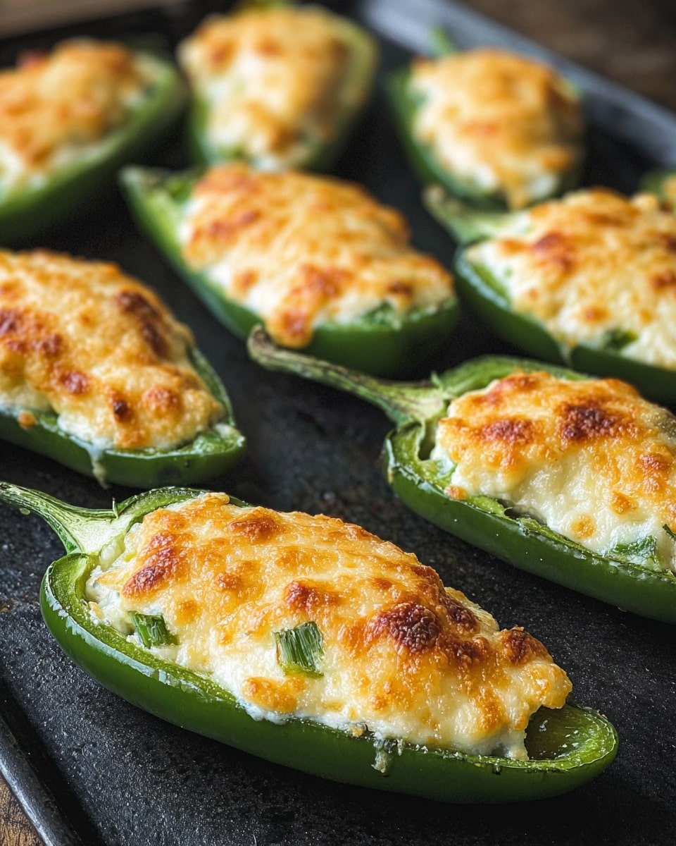 The image shows several green jalapeño peppers sliced in half and filled with a creamy, lightly browned cheese mixture on top. Each pepper half acts as a base with a smooth dark green skin. The cheese filling inside is soft with a golden-brown crust that has a slightly crispy texture. The peppers are placed close to each other on a dark flat surface, with some green bits mixed into the cheese filling. The lighting highlights the shiny texture of the peppers and the warm color of the melted cheese. photo taken with an iphone --ar 4:5 --v 7